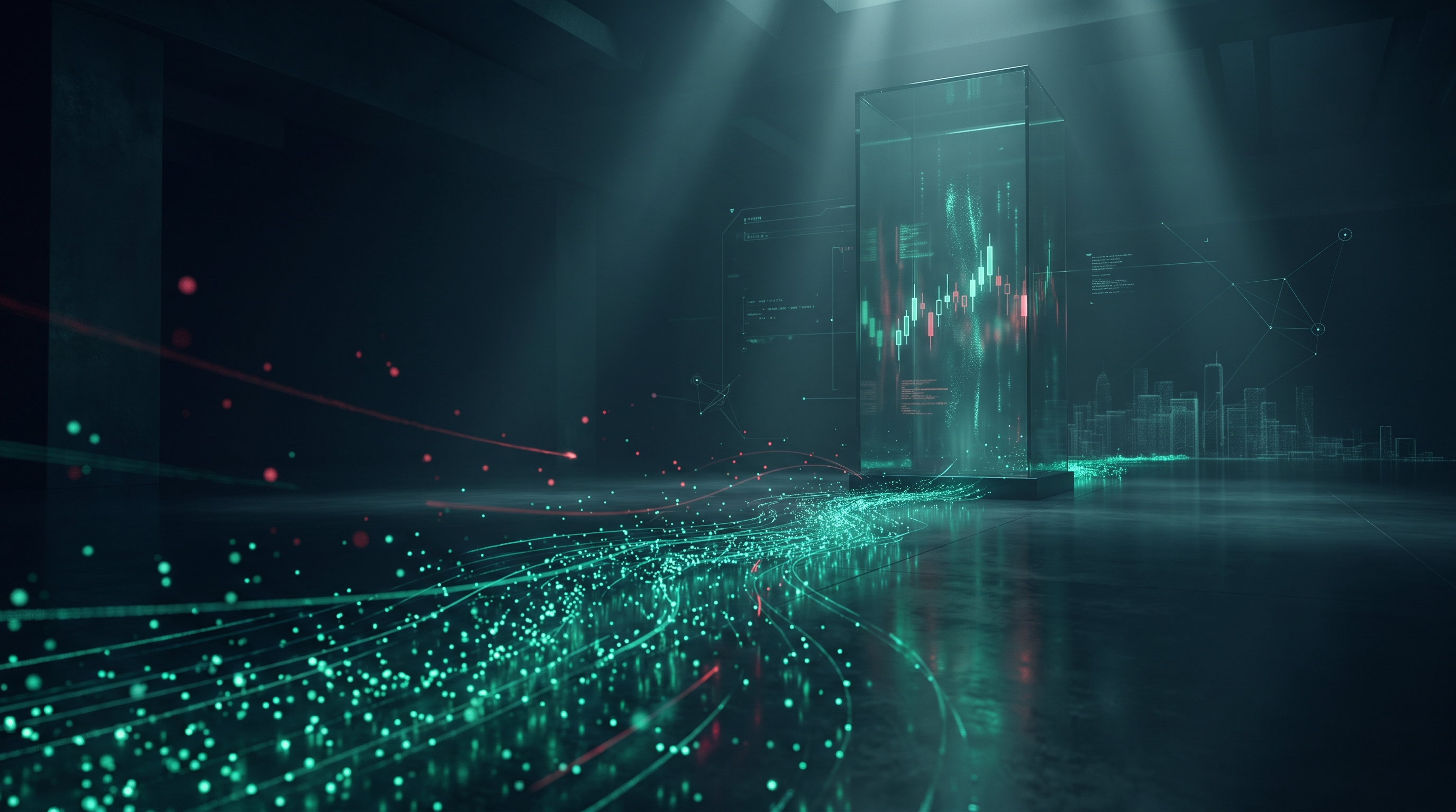 A river of glowing emerald-teal particles flowing across a dark floor into a single tall glass terminal, with a few crimson particles drifting against the current