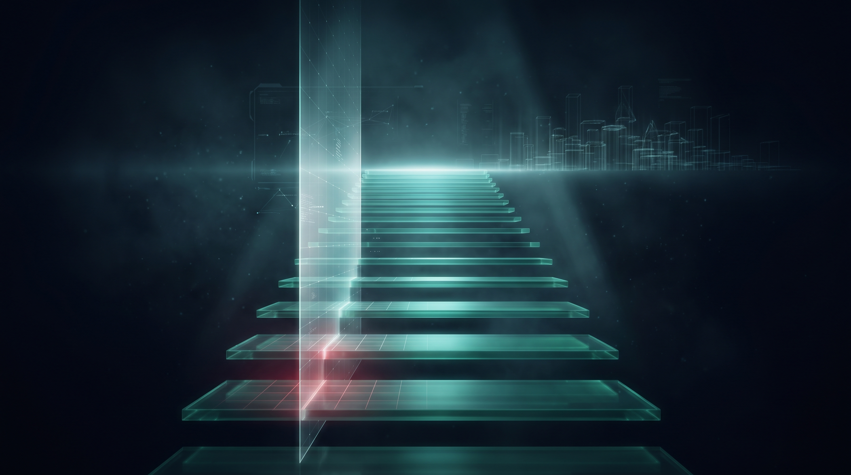A broad staircase of glowing emerald-teal glass steps ascending toward a bright horizon, with a translucent vertical plane of light passing across the steps like a scan
