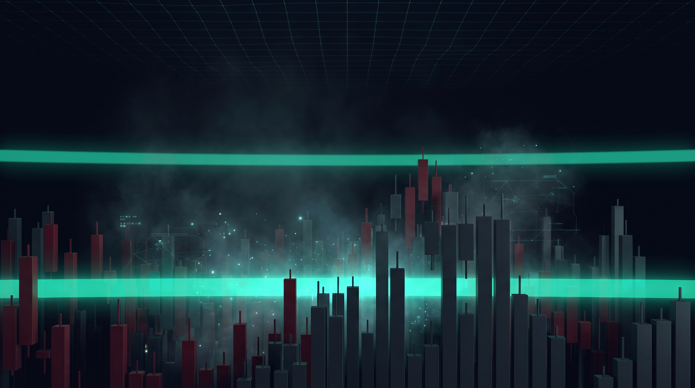 Conceptual render of a nocturnal skyline built from candlestick towers with two horizontal bands of teal light marking price zones