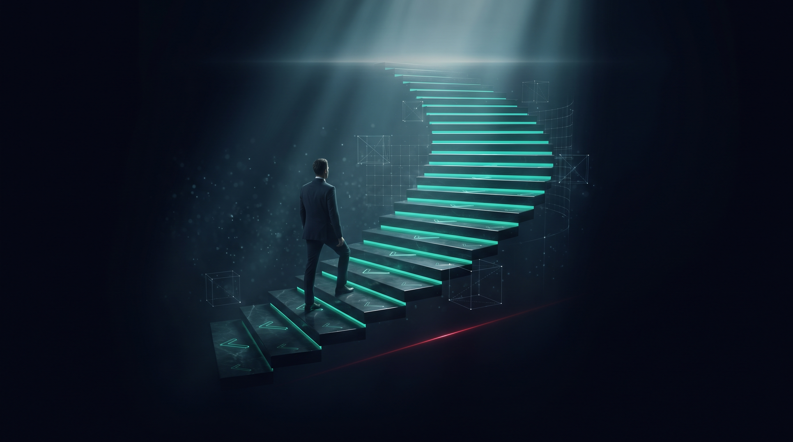 Conceptual render of a lone figure climbing a staircase of glowing teal steps marked with check marks, ascending toward a bright horizon