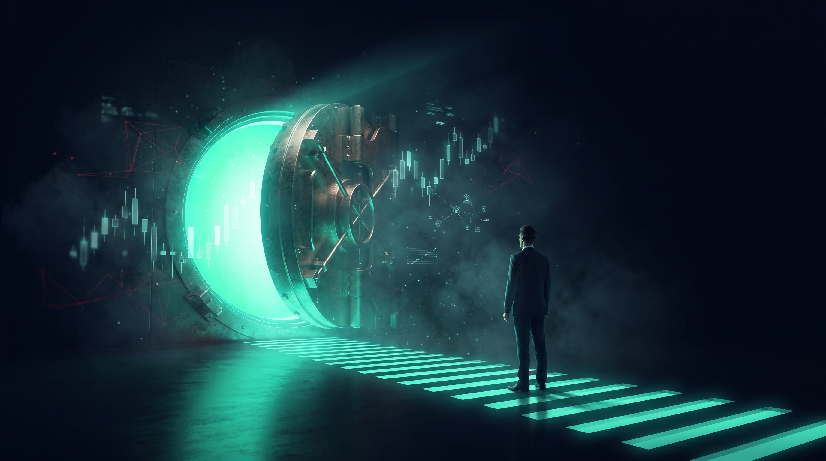 Conceptual render of a lone figure before a partly open vault door with teal light spilling out in evenly spaced bars across a dark floor