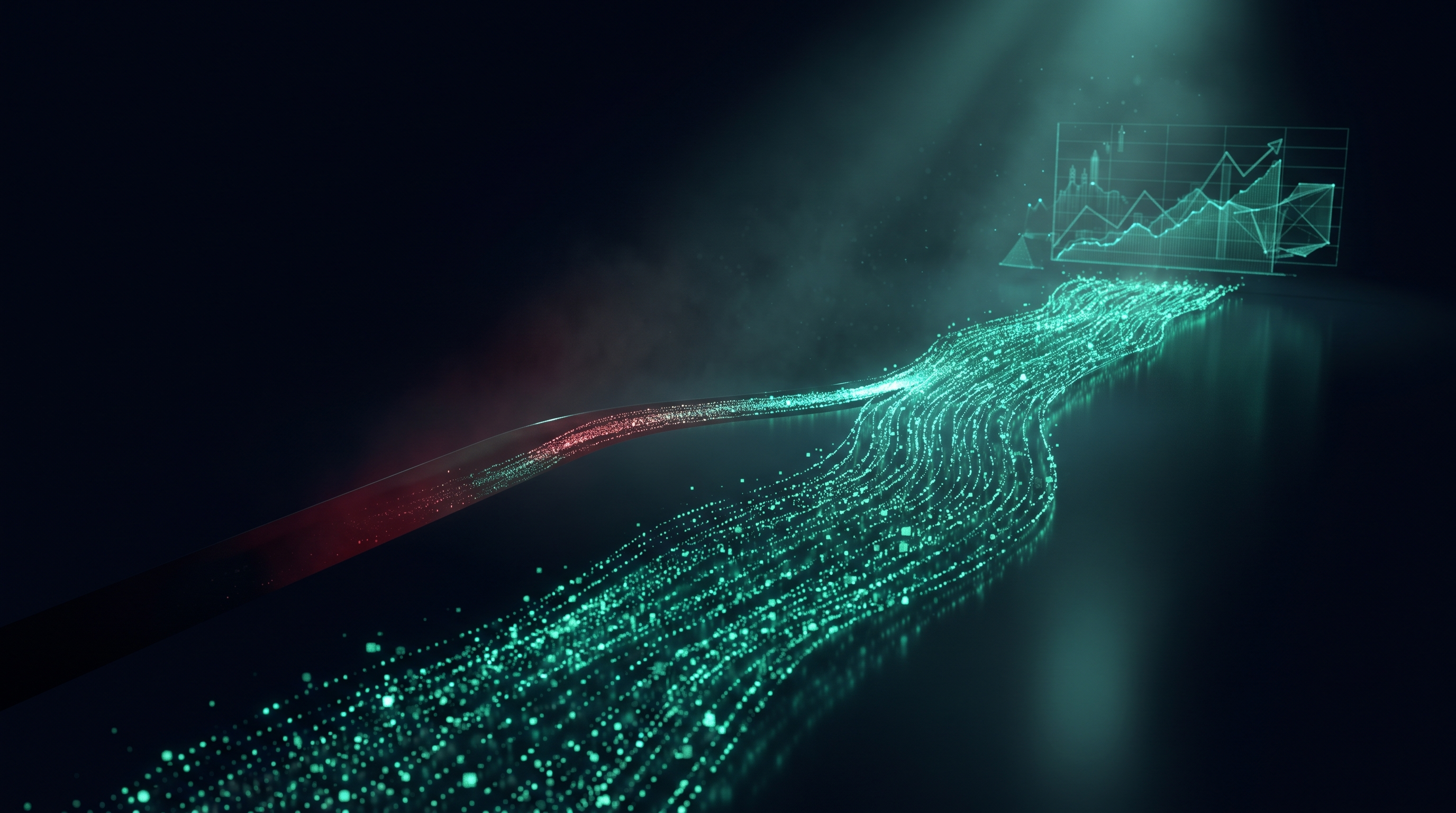 Conceptual render of a stream of teal particles flowing across a dark floor with a thin branch siphoned away sideways into a recessed slot