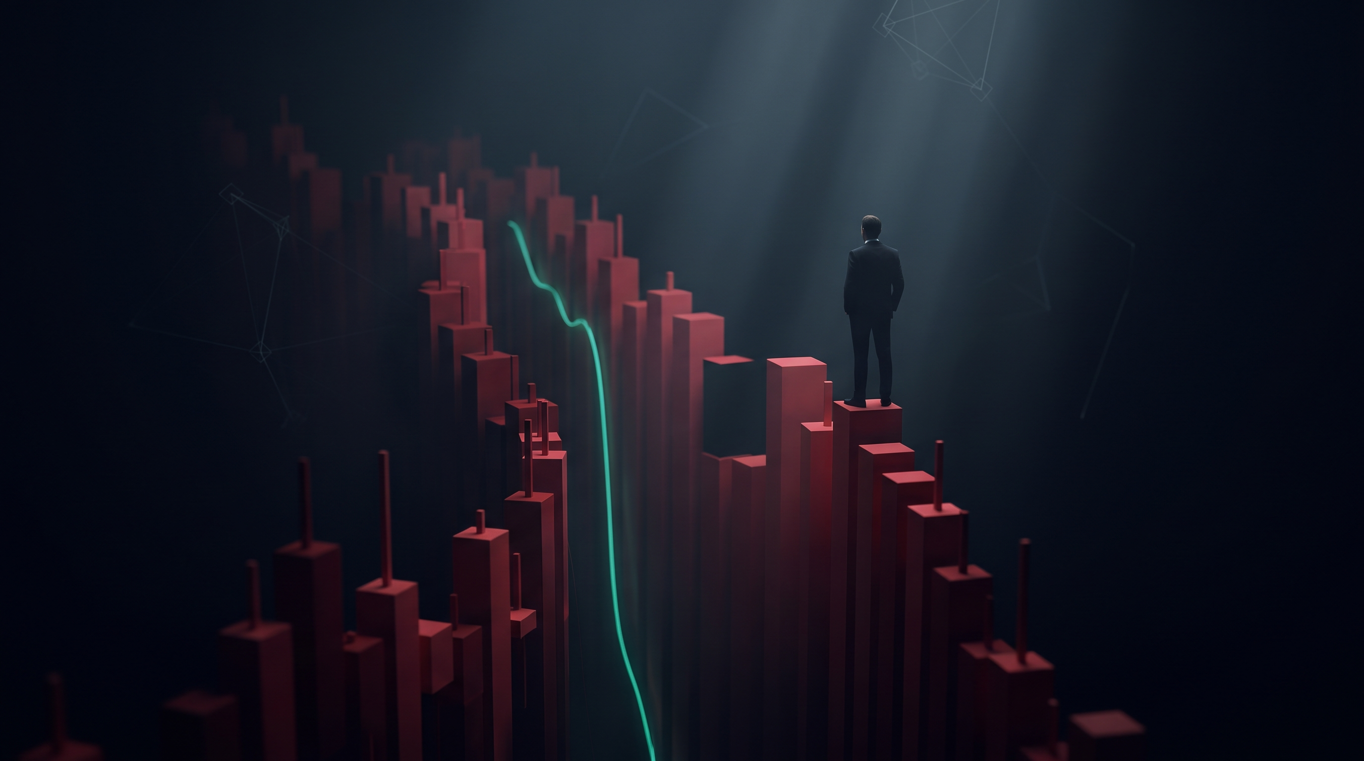 Conceptual render of a lone figure at the rim of a canyon of descending red candlestick steps with a break in the floor and a thin teal recovery line