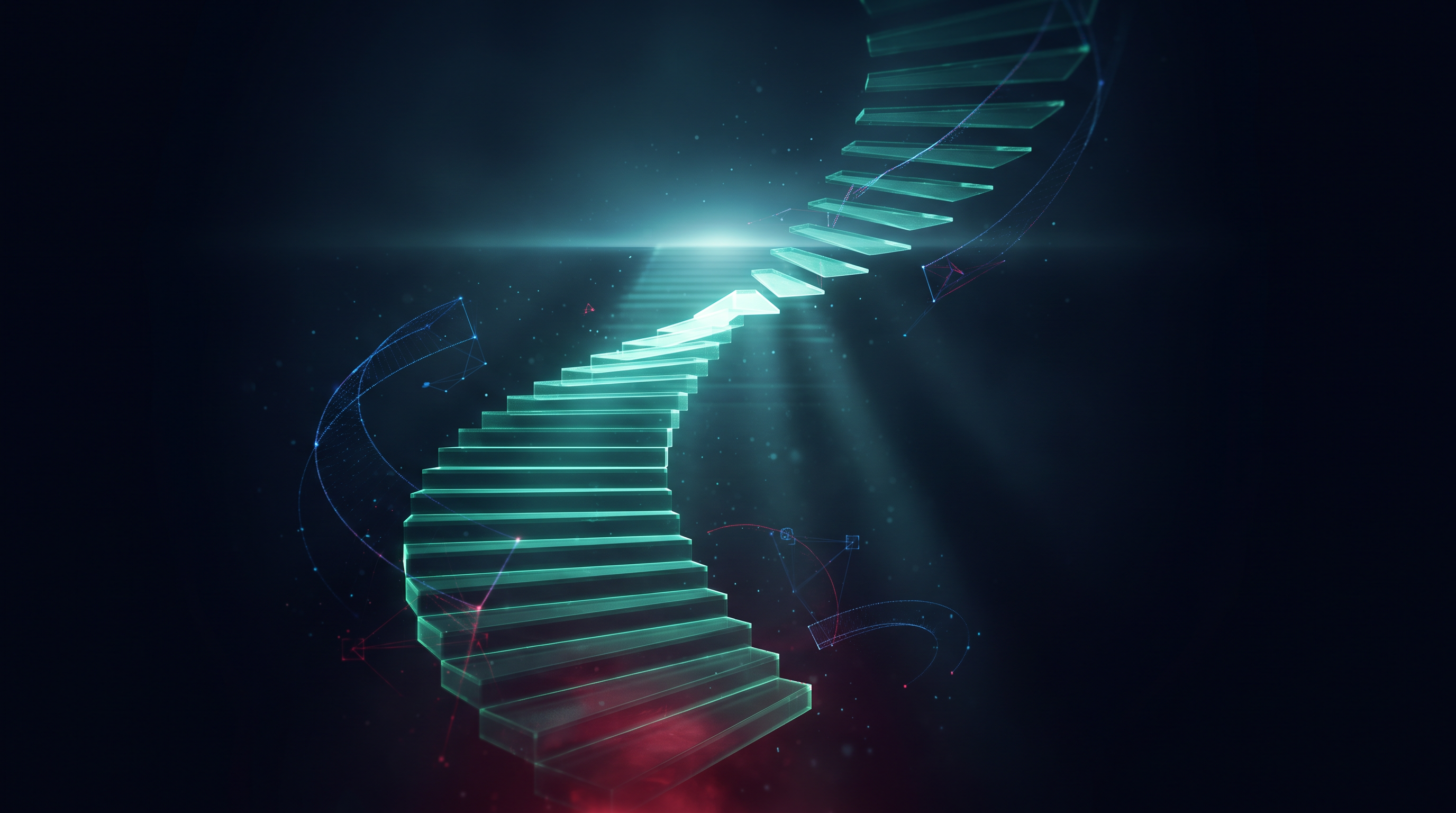 Conceptual render of a glowing teal staircase of light ascending toward a bright horizon with some steps dissolving into ribbons