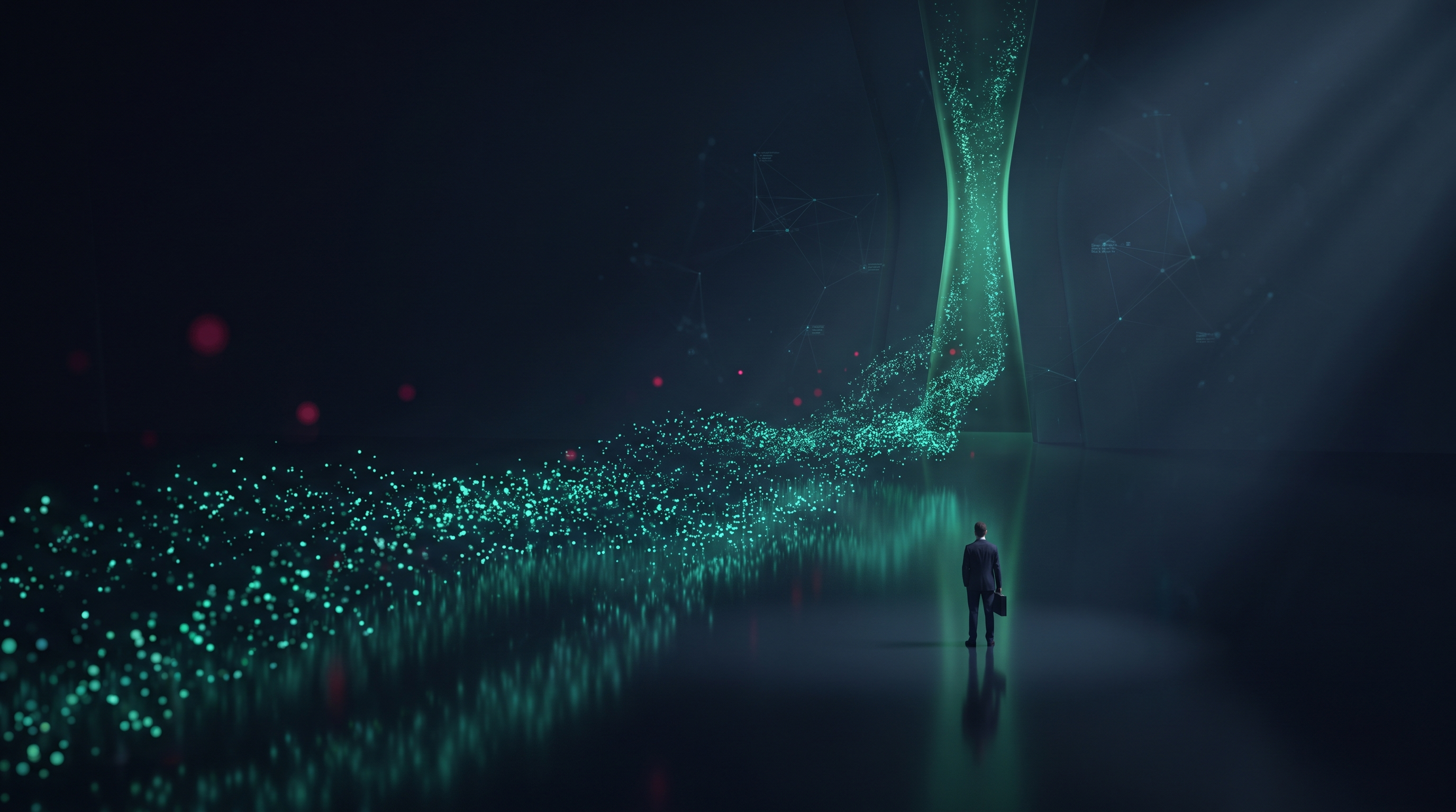 Conceptual render of a wide river of teal light particles converging into a single narrow gate, watched by a lone figure