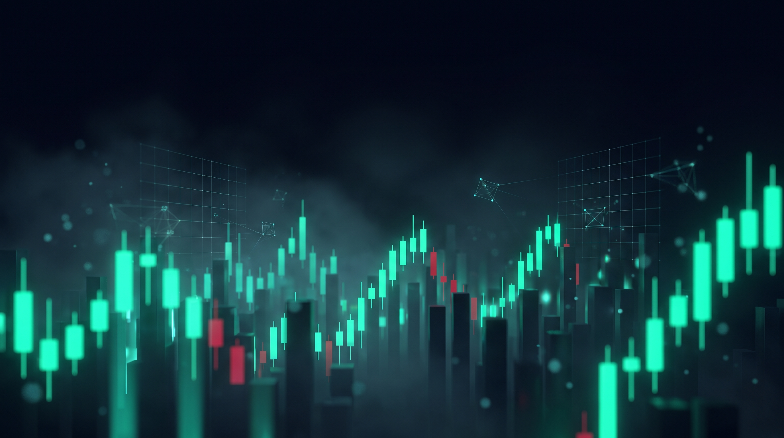 Conceptual render of a nocturnal cityscape built from glowing teal candlestick columns of varying heights receding into fog