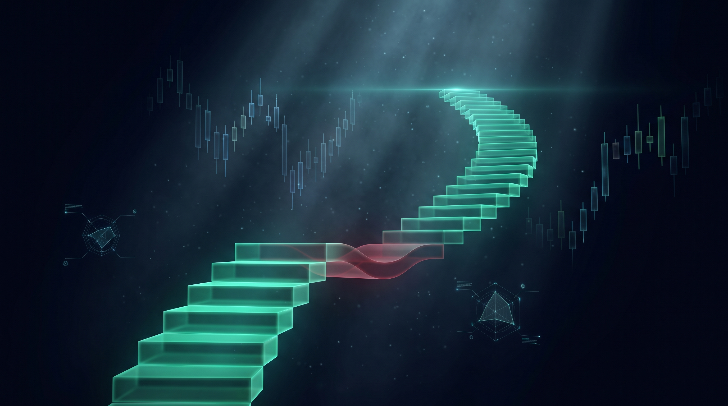 Conceptual render of an ascending staircase of glowing teal light with one step dipping downward before the climb continues