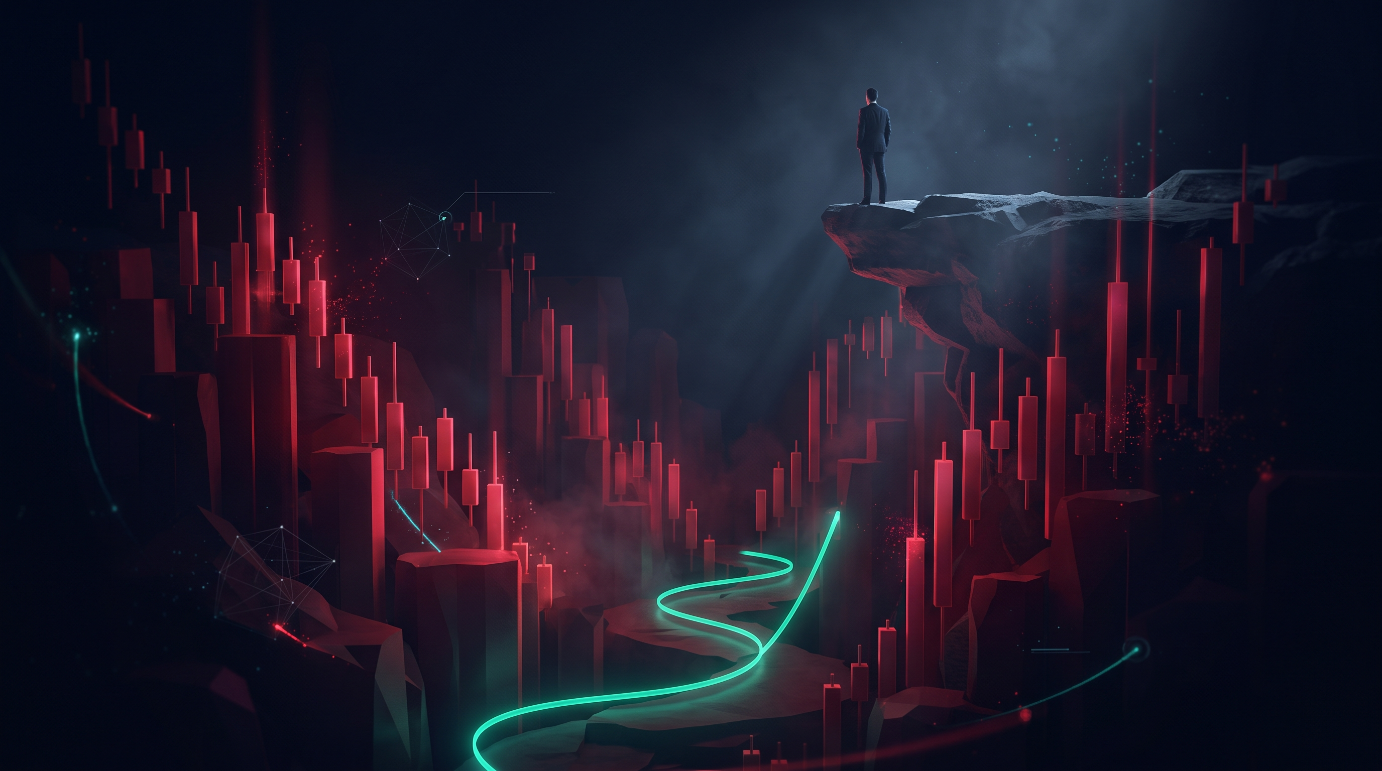 Conceptual render of a lone figure at the rim of a canyon of descending red candlesticks with a thin teal line rising along the floor