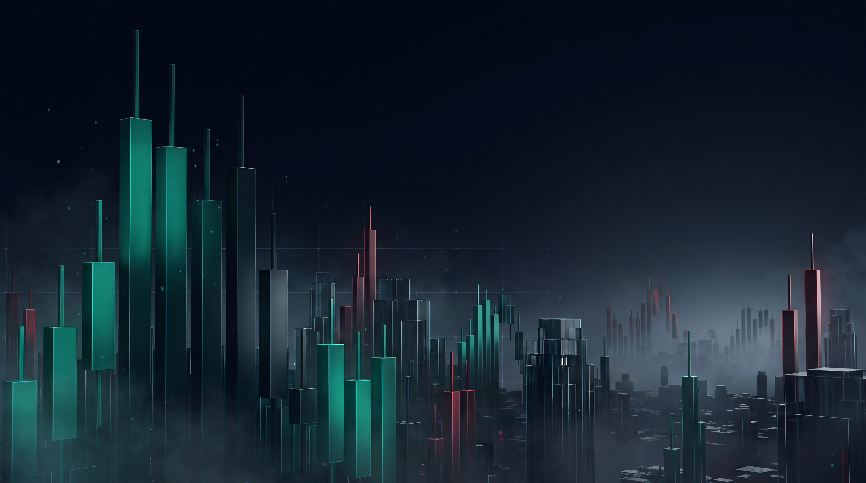 Conceptual render of a nocturnal skyline built from teal candlestick towers of sharply different heights fading into fog