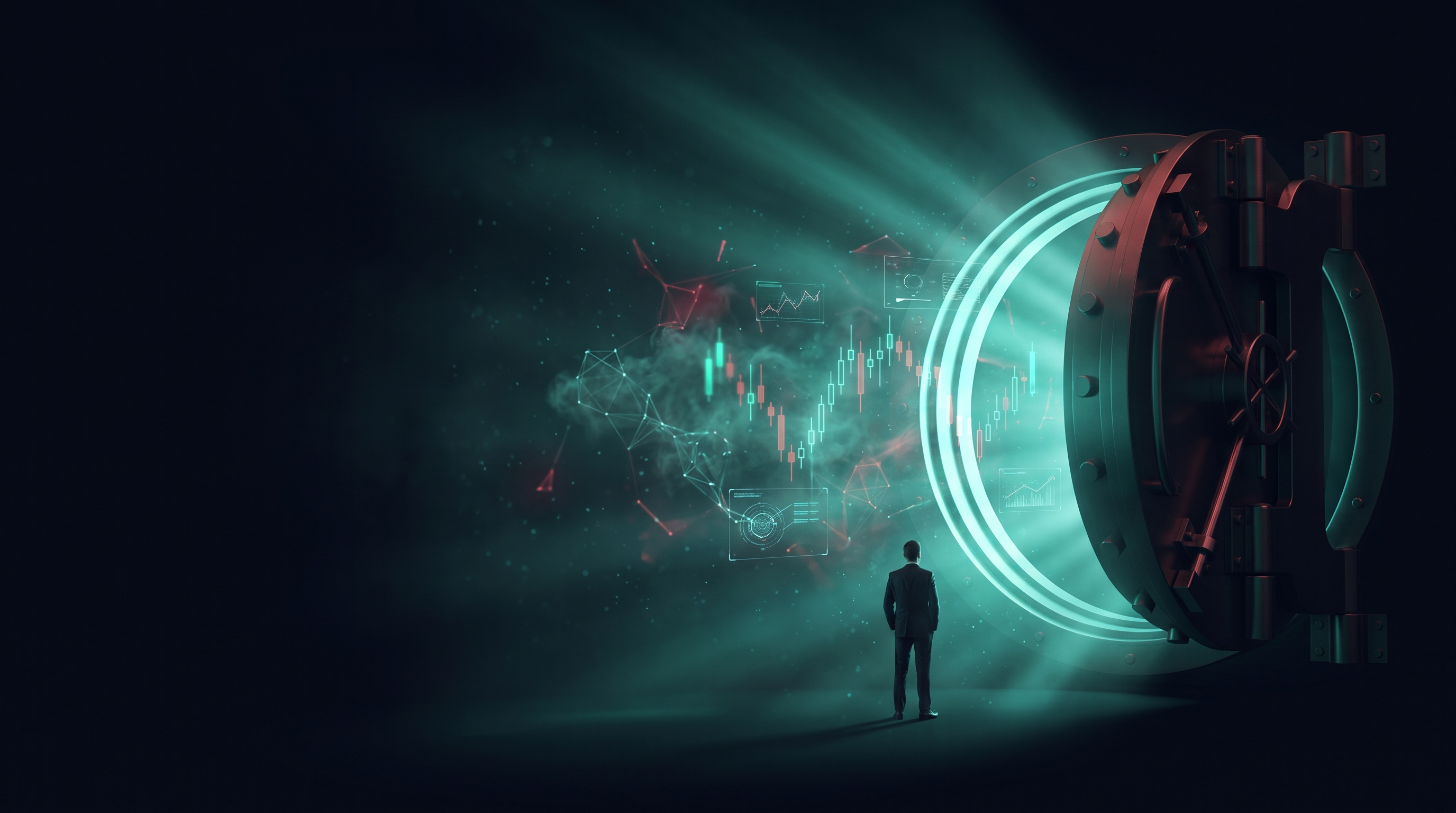 Conceptual render of a lone figure standing before a large circular vault door opening and spilling teal light