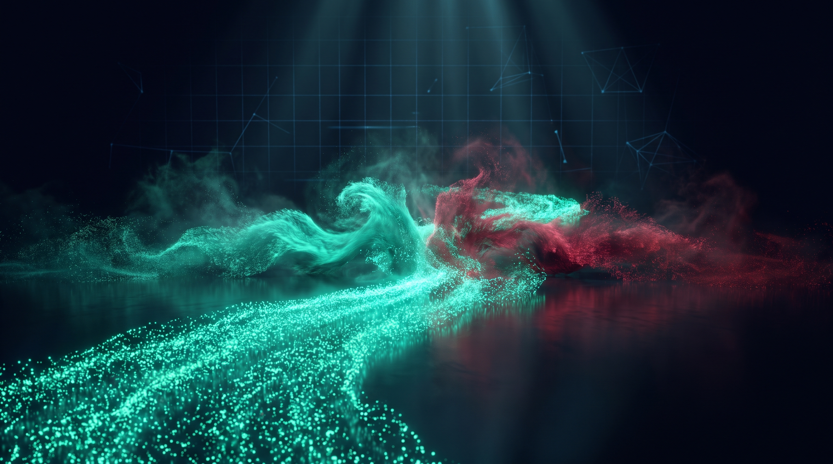 Conceptual render of two opposing currents of glowing teal and crimson particles pushing against each other across a dark floor