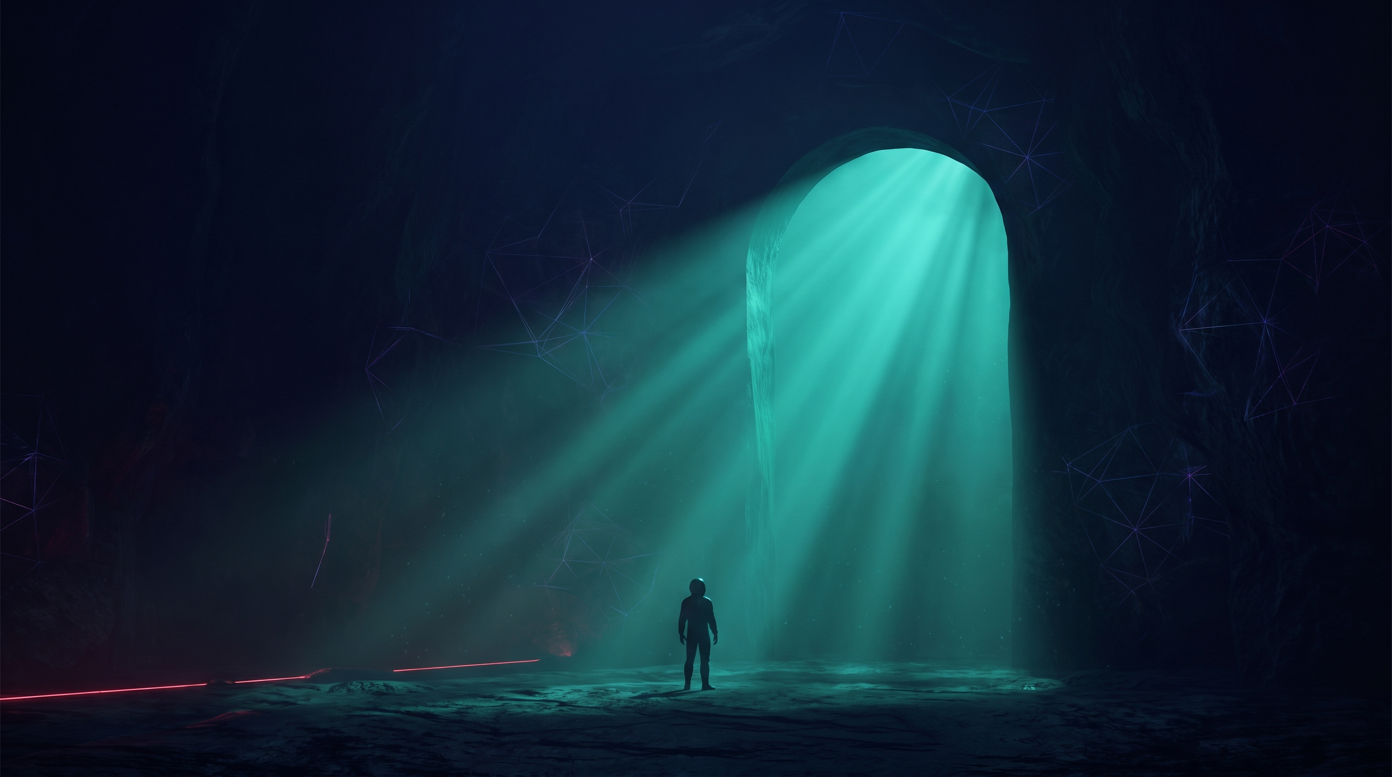 Conceptual render of a lone figure standing before a towering glowing teal archway of light in a dark cavernous space