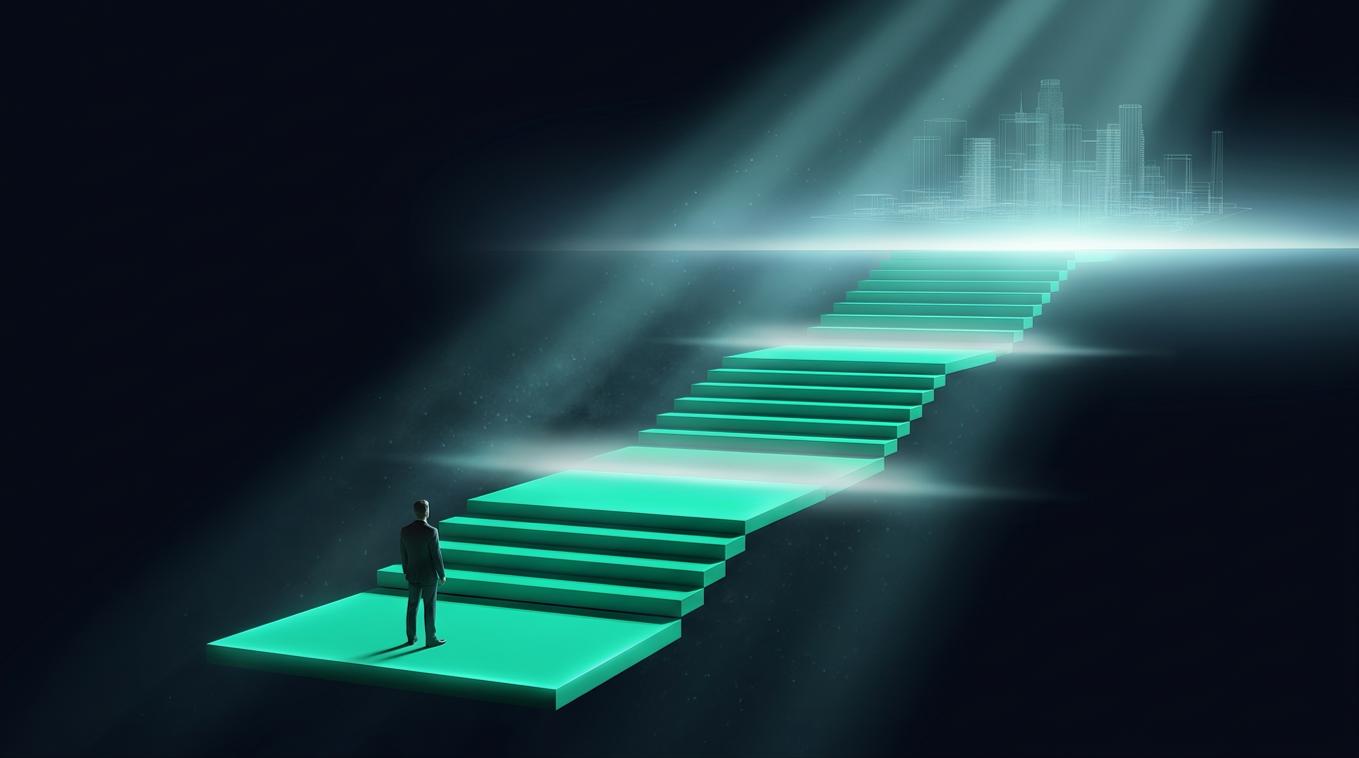 Conceptual render of a lone figure at the base of a three-tier staircase of glowing teal platforms ascending toward a bright horizon