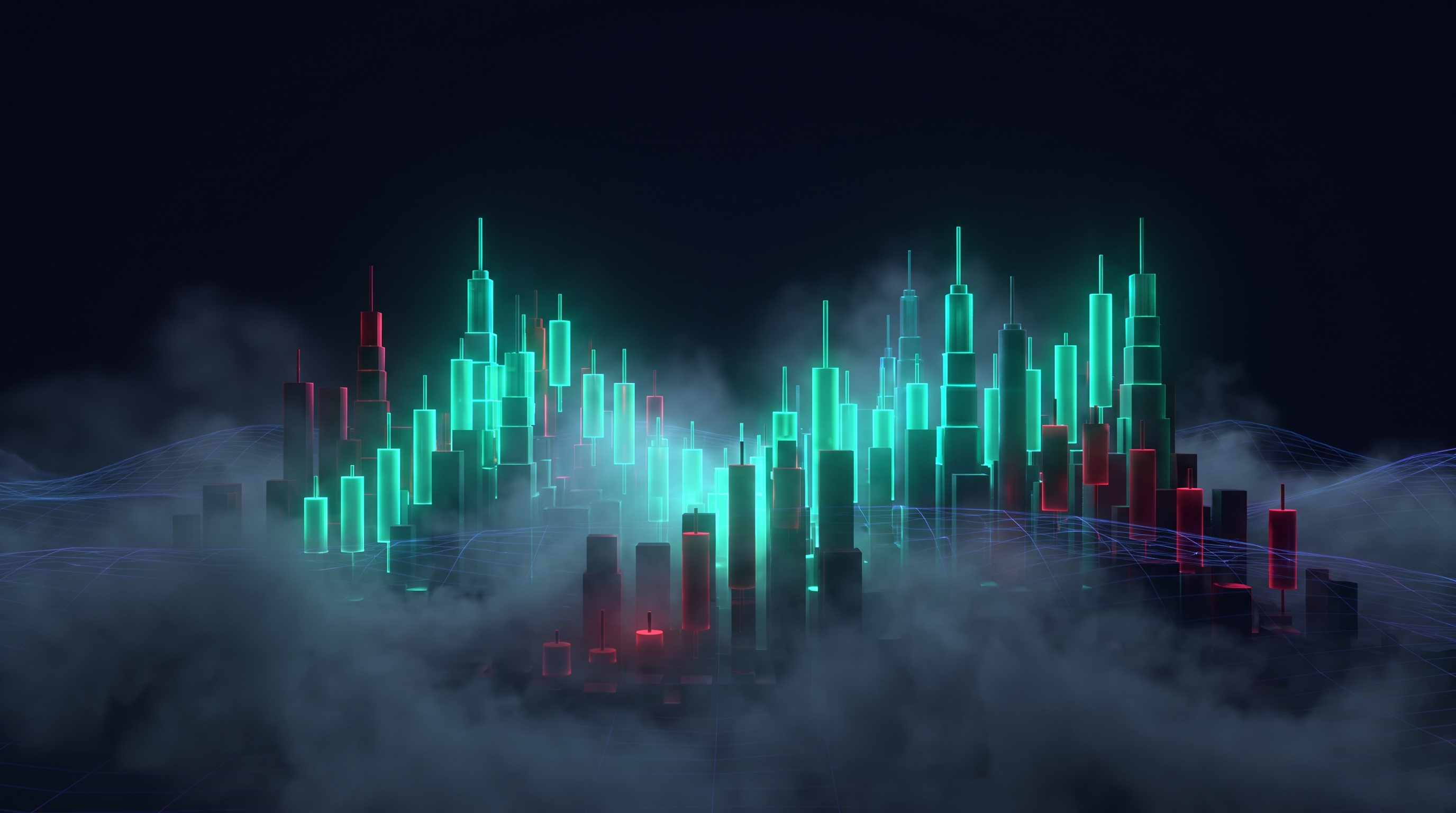 Conceptual render of two nocturnal skylines built from candlestick towers overlapping at the center of the frame in teal light