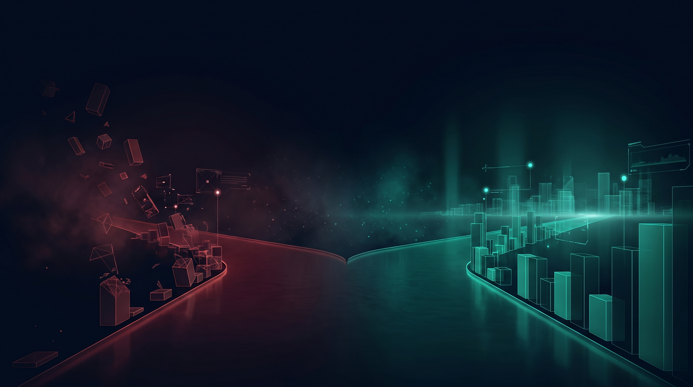 Conceptual render of a dark floor splitting into two glowing paths, one crimson with falling data fragments and one teal with orderly rising data