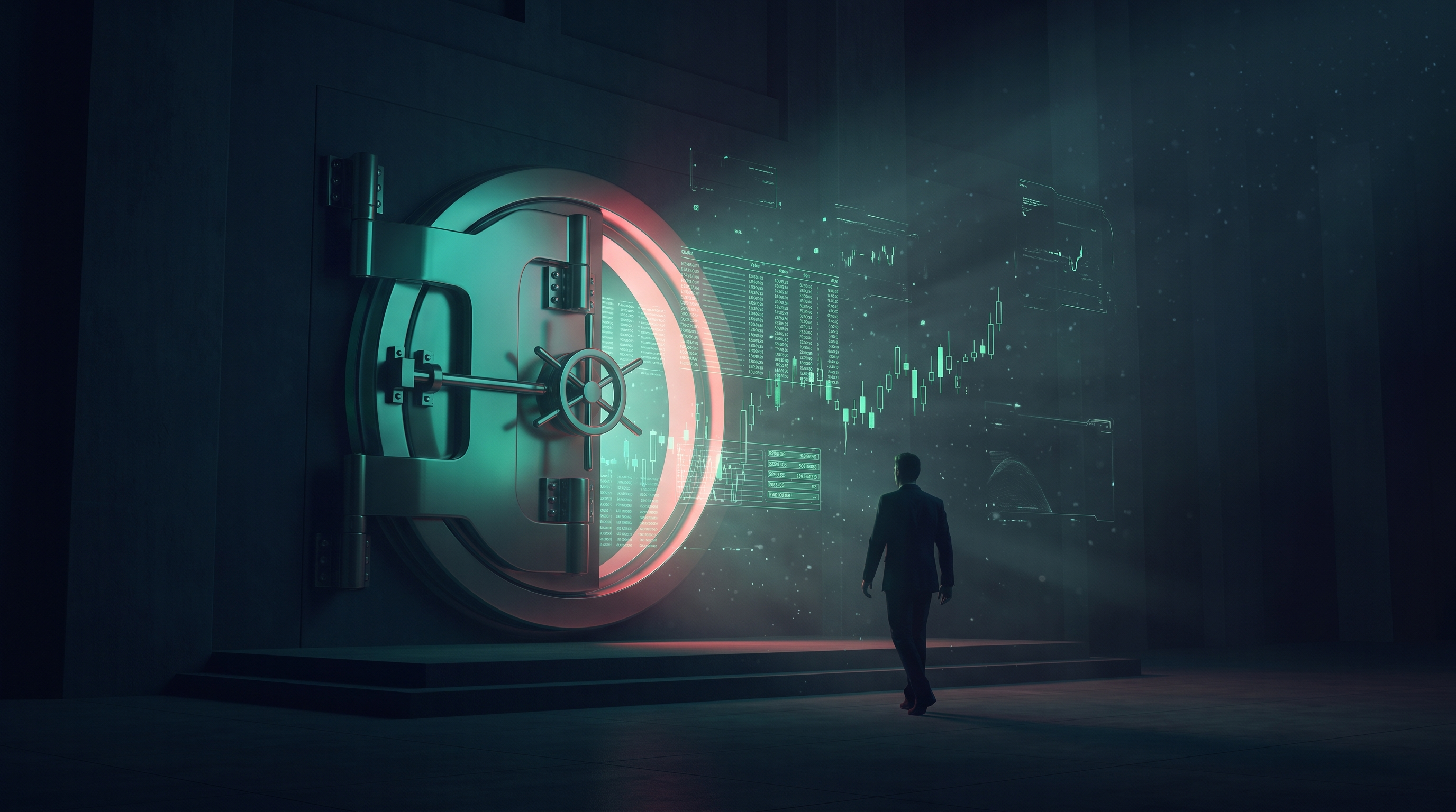 Conceptual render of an open circular vault door spilling teal light with rows of glowing ledger lines drifting out, a lone figure walking toward it