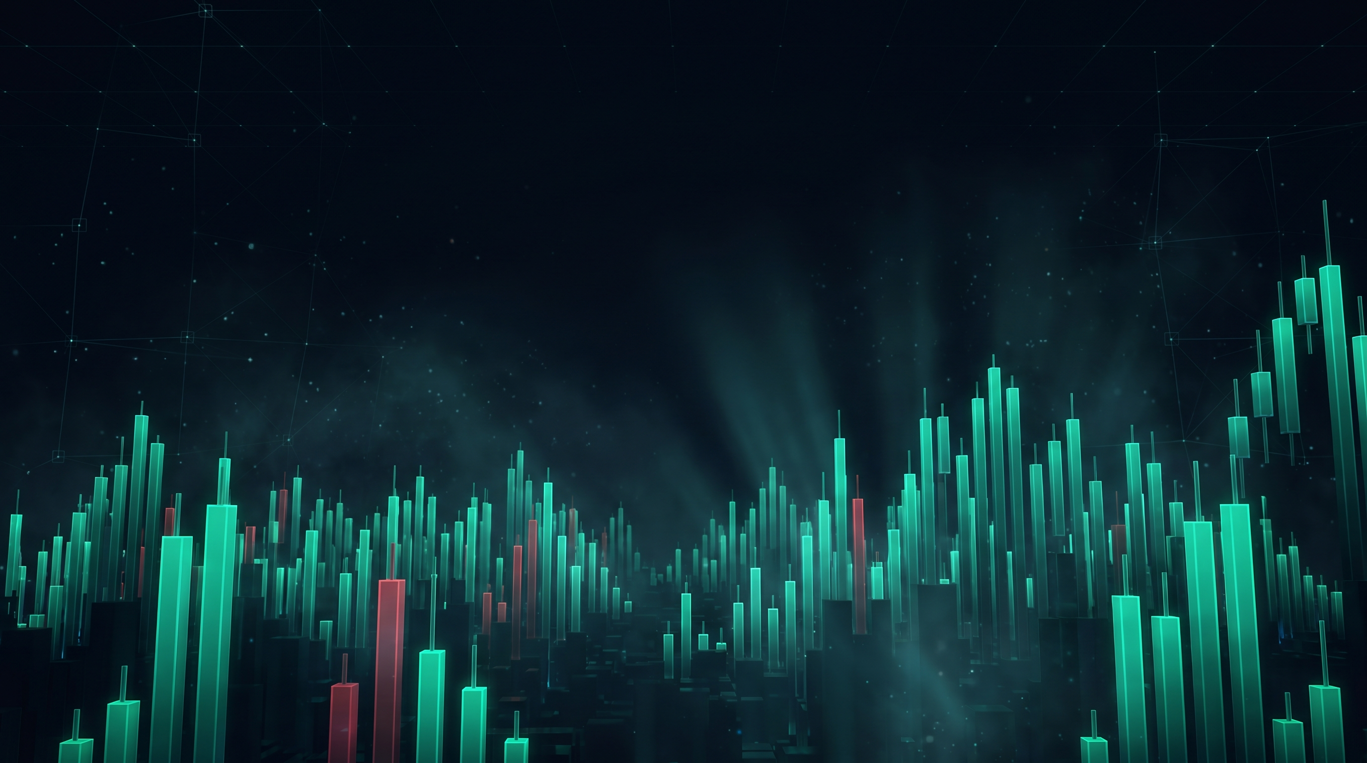 Conceptual render of a nocturnal skyline built from teal candlestick towers arranged in receding rows like months on a timeline