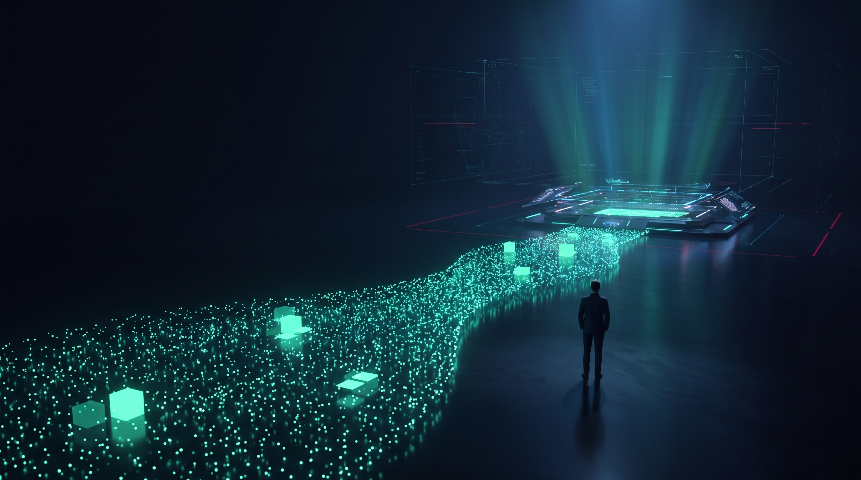 Conceptual render of a stream of small teal particles flowing across a dark floor toward a glowing terminal, with a lone figure watching from the edge