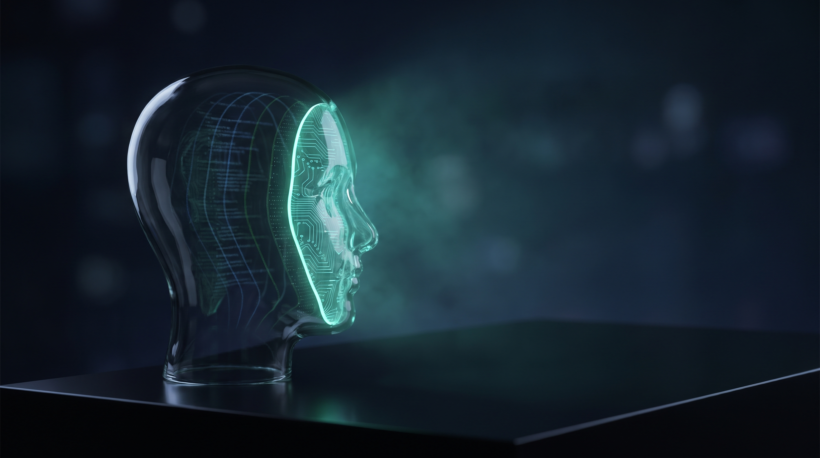 Conceptual render of a translucent glass head in profile with only the frontmost internal layer glowing teal while the deeper layers fade into darkness