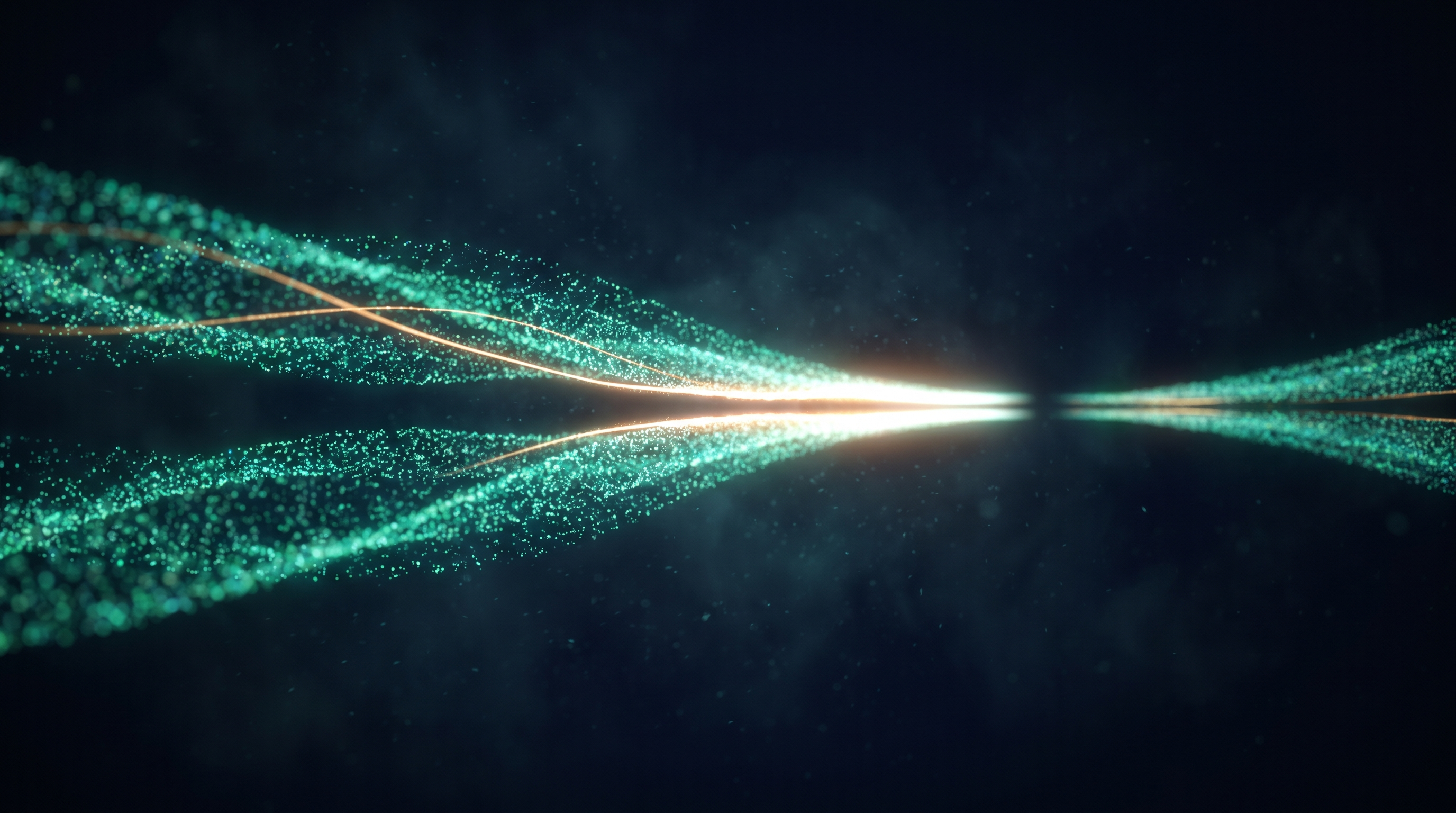 Conceptual render of two parallel streams of teal particles running close together through dark space and converging toward a vanishing point
