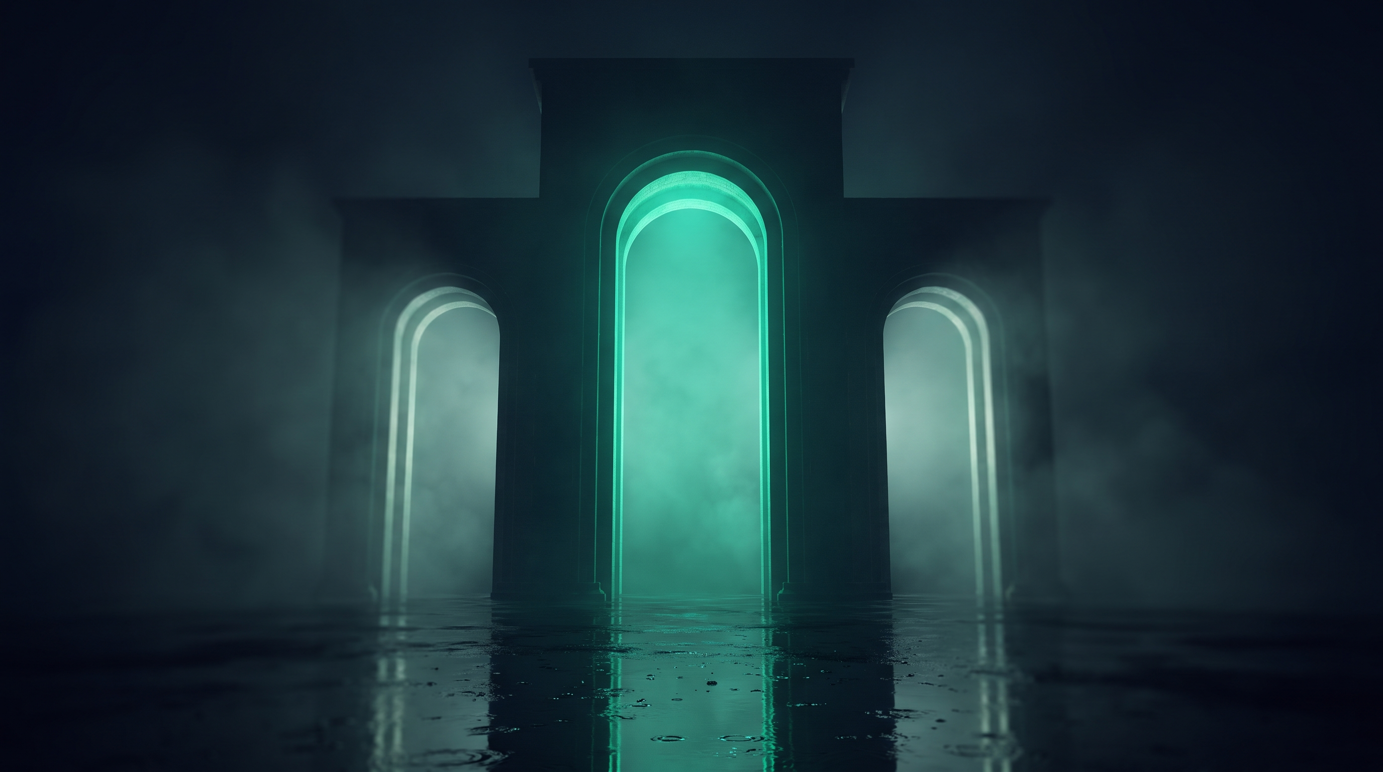 Conceptual render of three illuminated arches standing in symmetry, the central arch taller than the two flanking it, lit in teal against deep navy fog