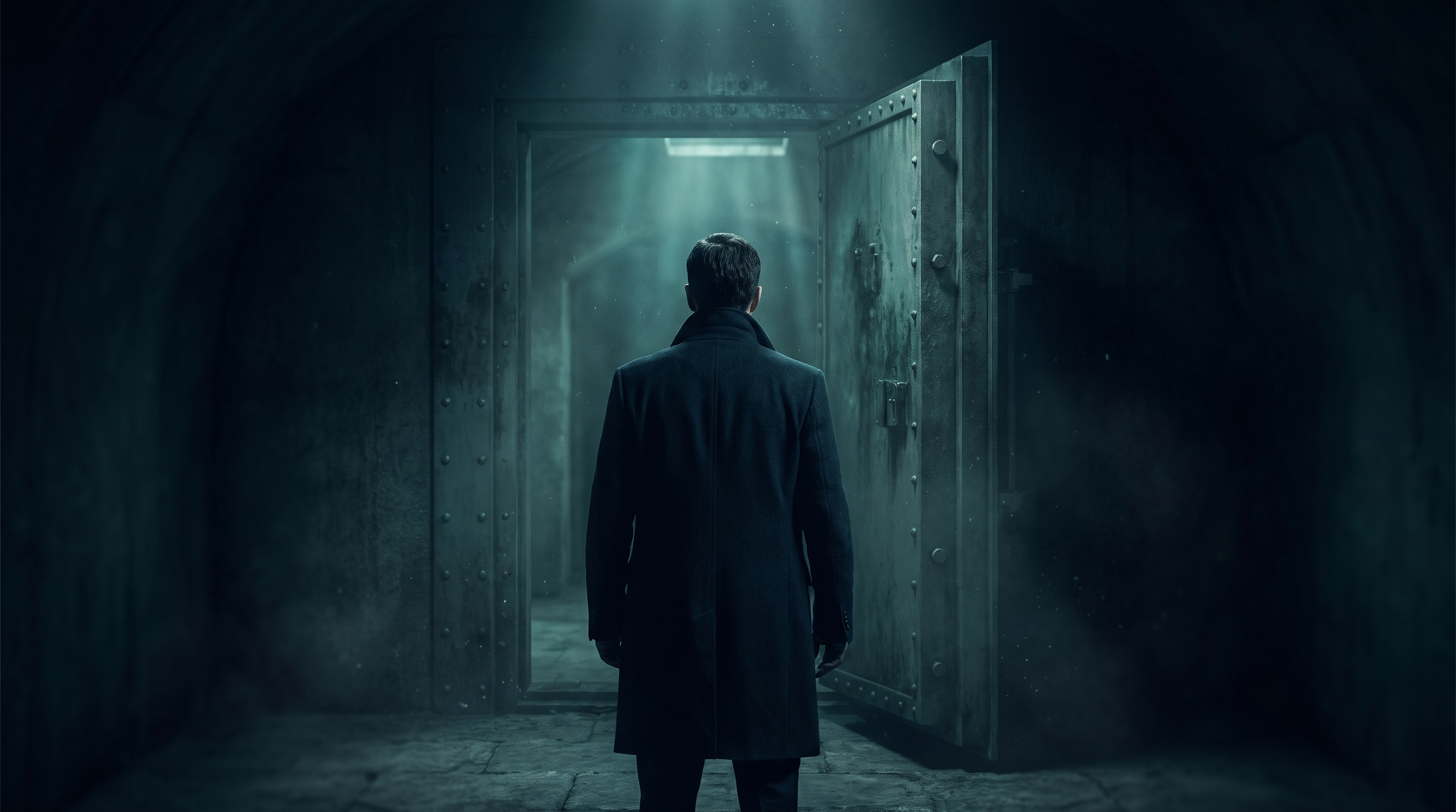 A lone figure in a dark overcoat standing at the entrance of a vast unlit vault chamber with faint teal light leaking from the darkness beyond