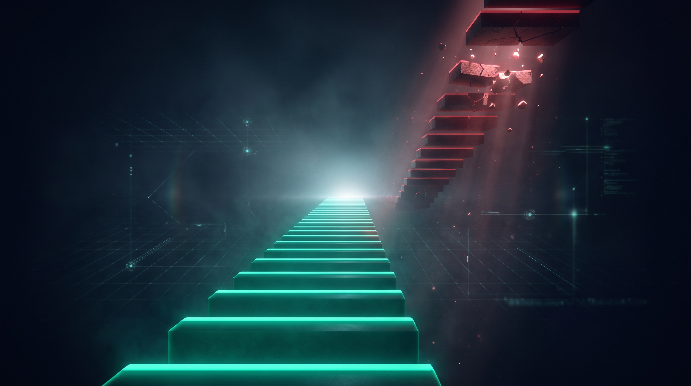 Conceptual render of two glowing staircases climbing toward a bright horizon, one built from even teal steps and one from cracked crimson steps