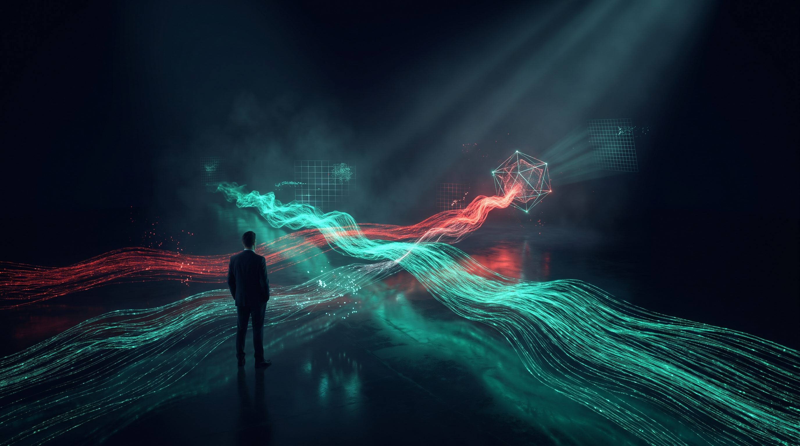 Conceptual render of two opposing particle streams, one teal flowing outward and one crimson flowing inward, crossing before a small lone figure