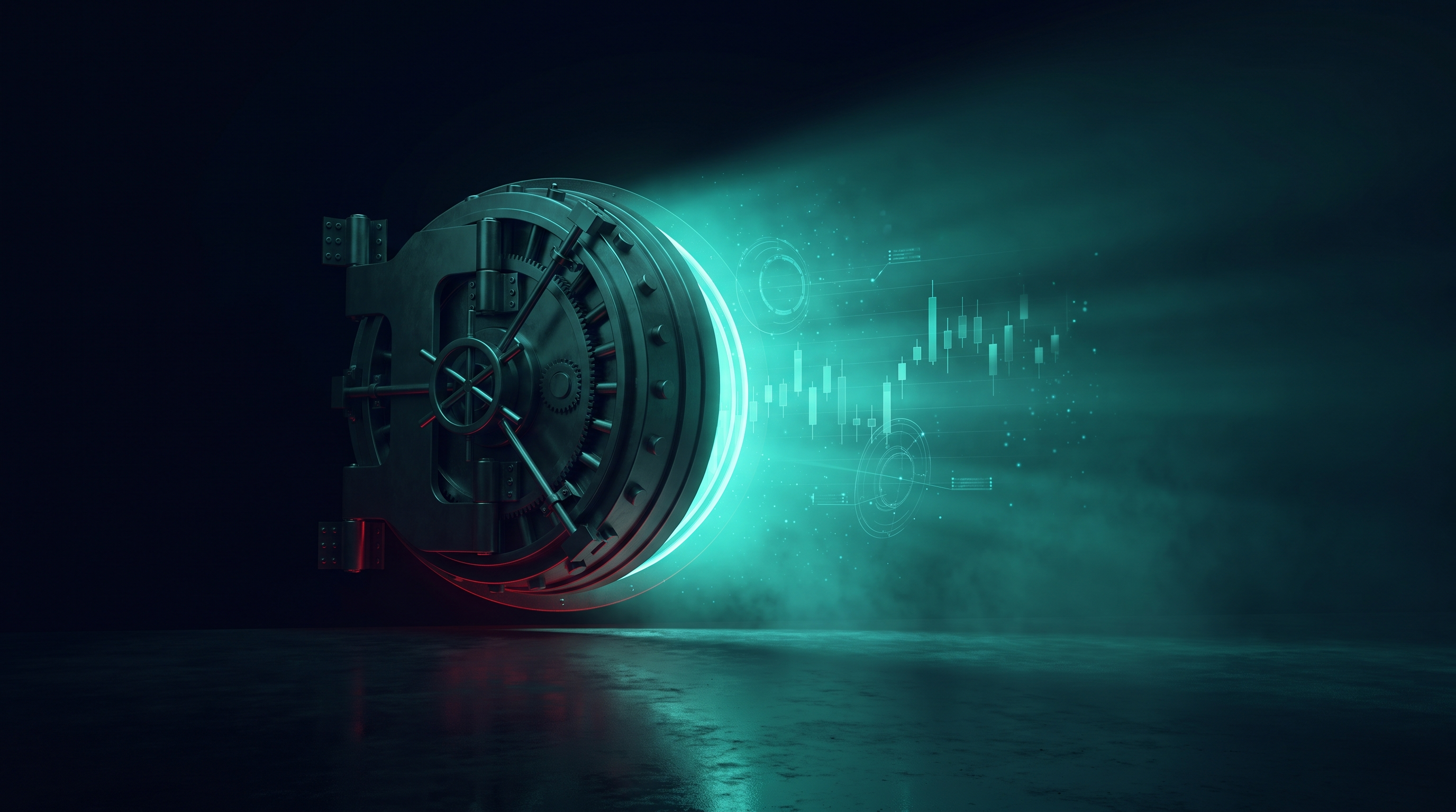 Conceptual render of a large circular vault door beginning to open, teal light spilling through the widening seam in a dark hall