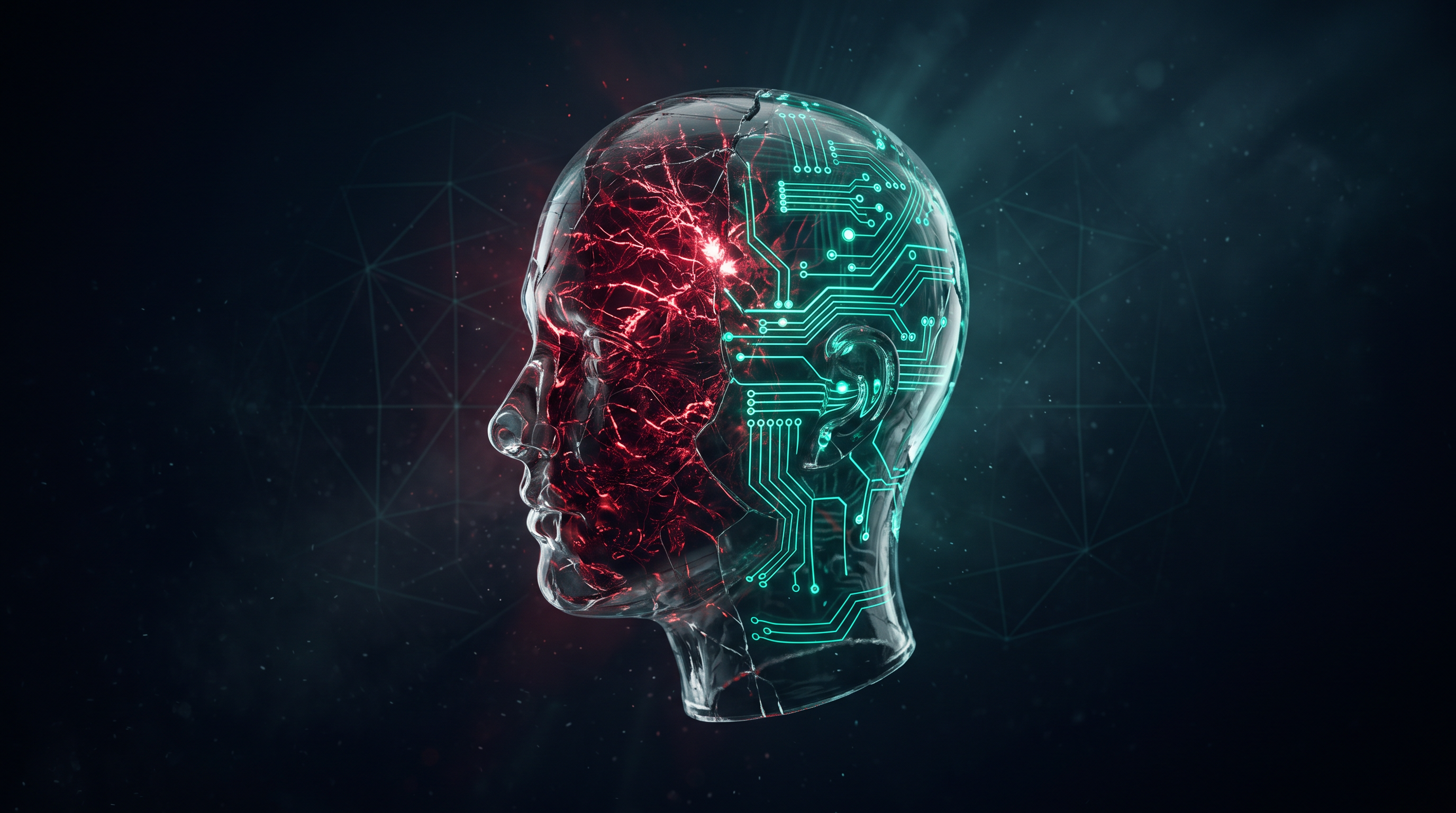 Conceptual render of a translucent glass human head in profile with dense crimson neural sparks on one side and clean teal circuit traces on the other