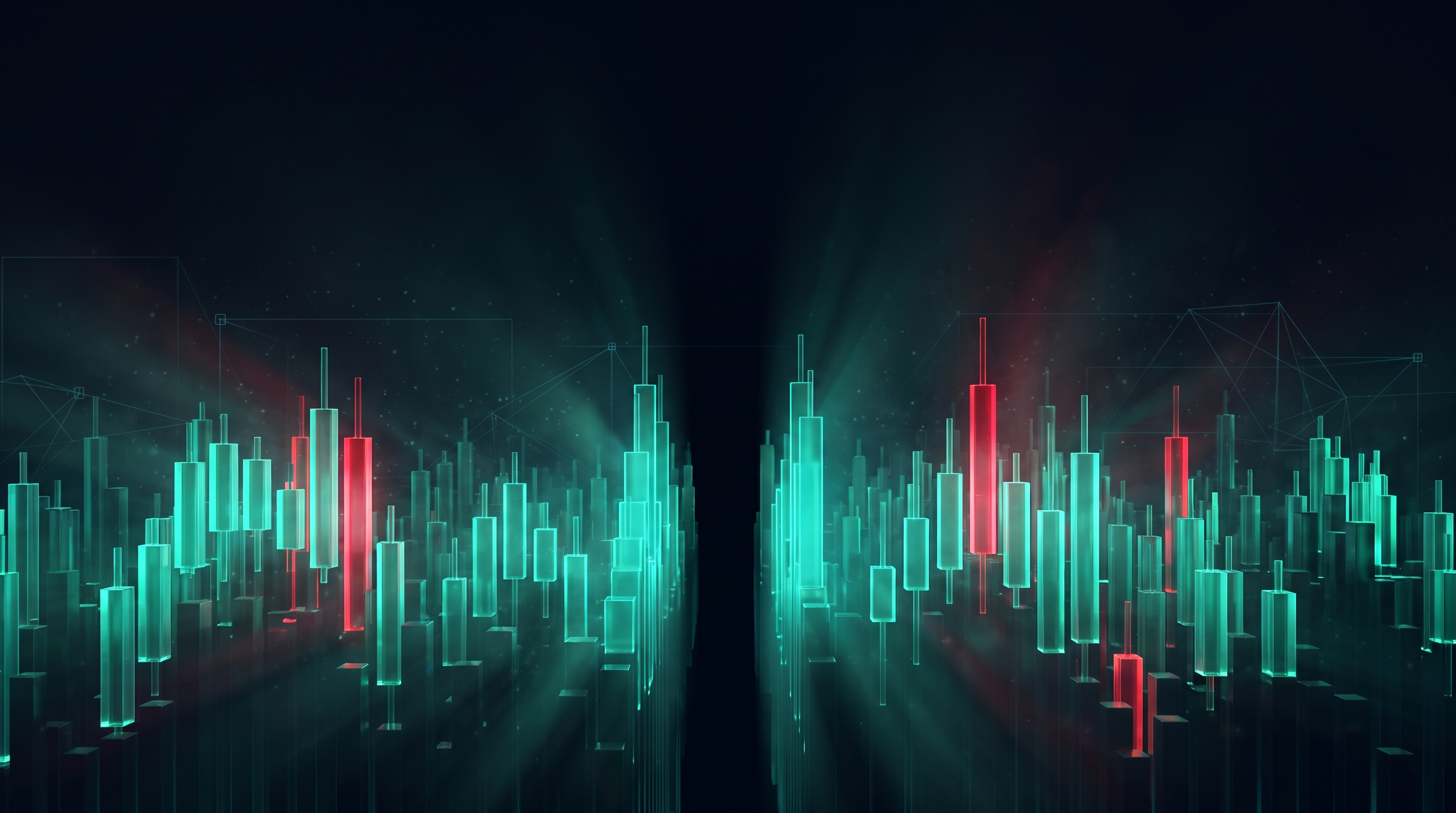 Conceptual render of a nocturnal city skyline built from glowing teal candlestick towers with a dark vertical seam splitting the skyline