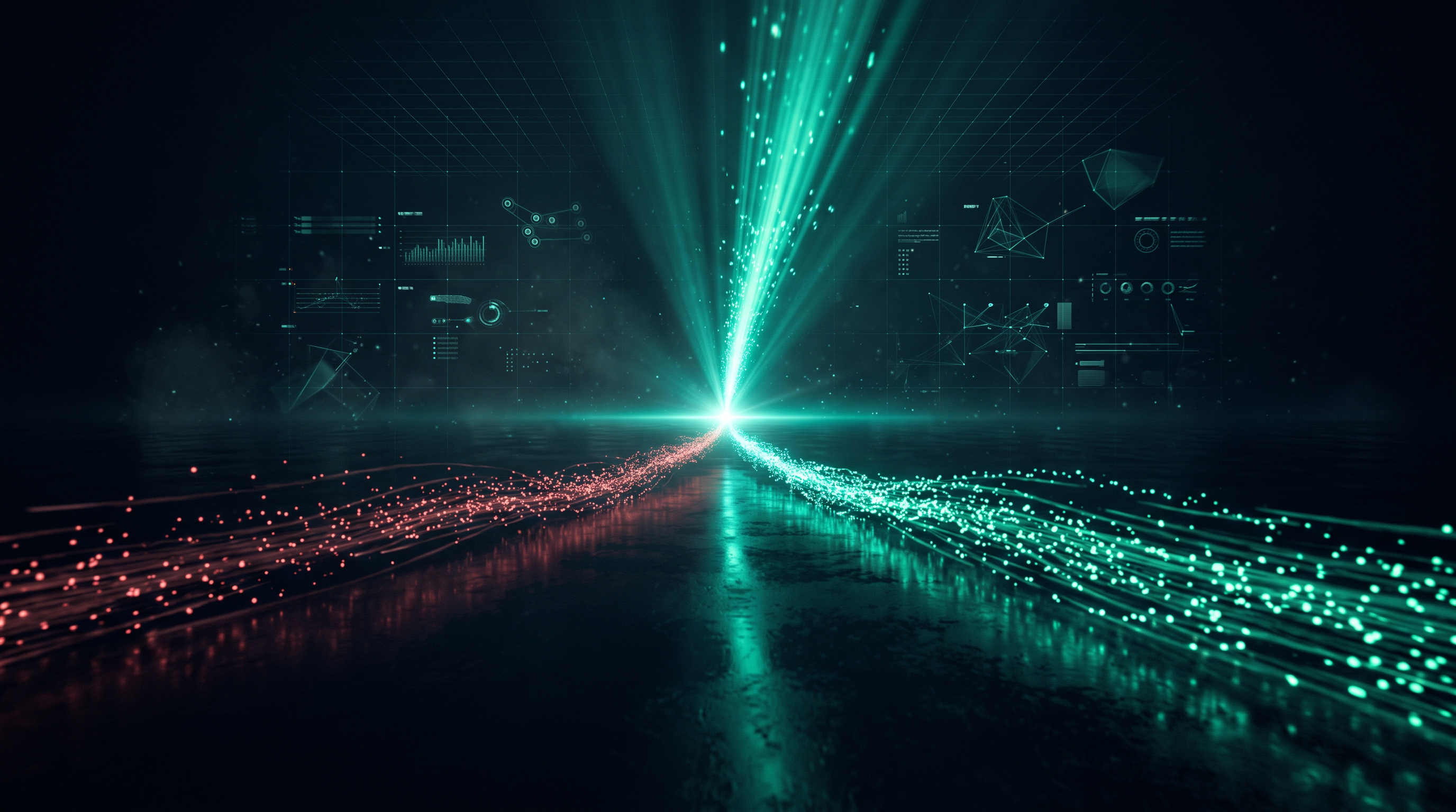 Conceptual render of two glowing particle rivers flowing from opposite sides of a dark floor and merging into a single teal stream at a bright point on the horizon