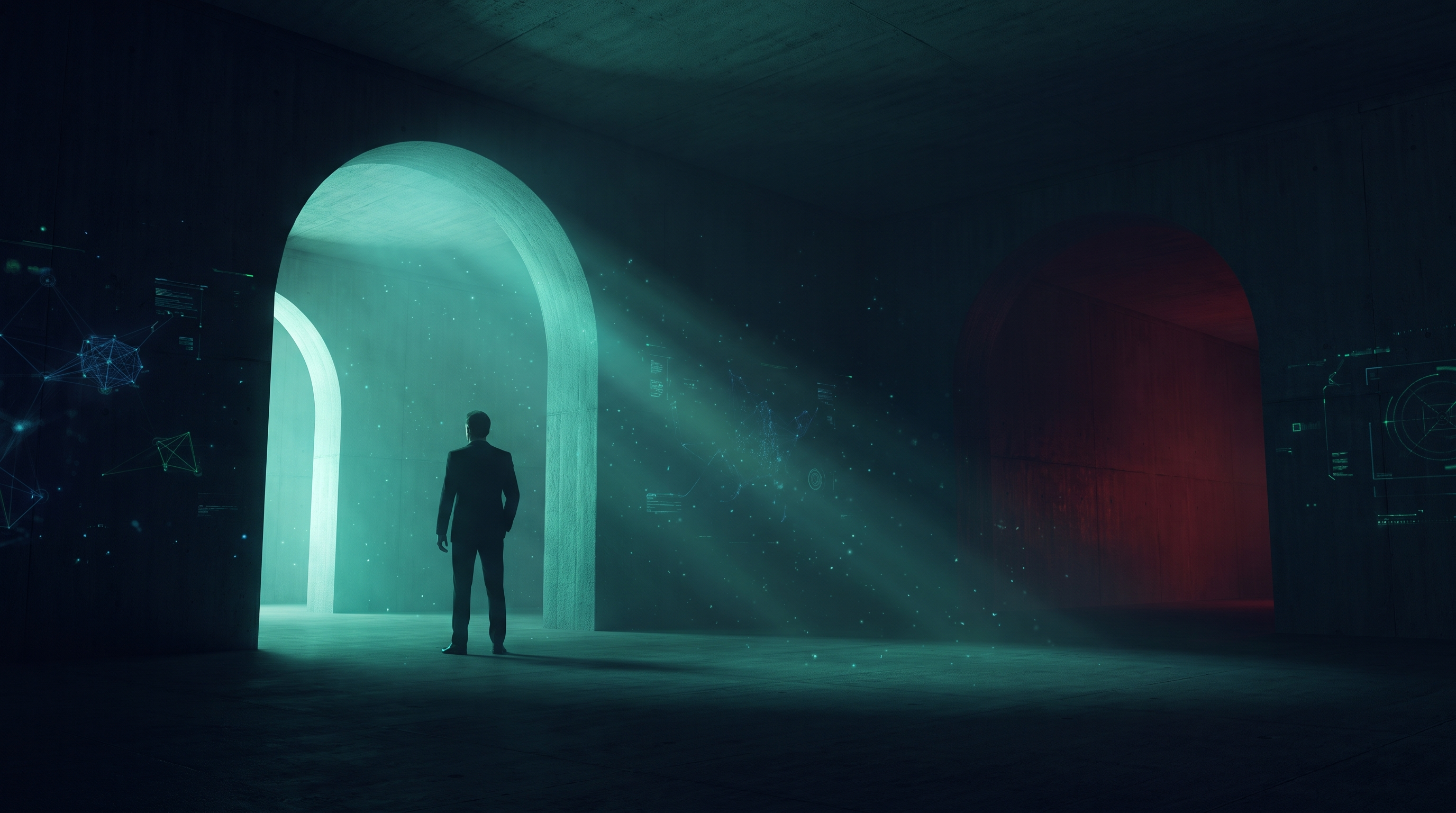 Conceptual render of a lone figure in a suit standing before a towering teal archway of light with a second archway visible beyond it in a dark hall