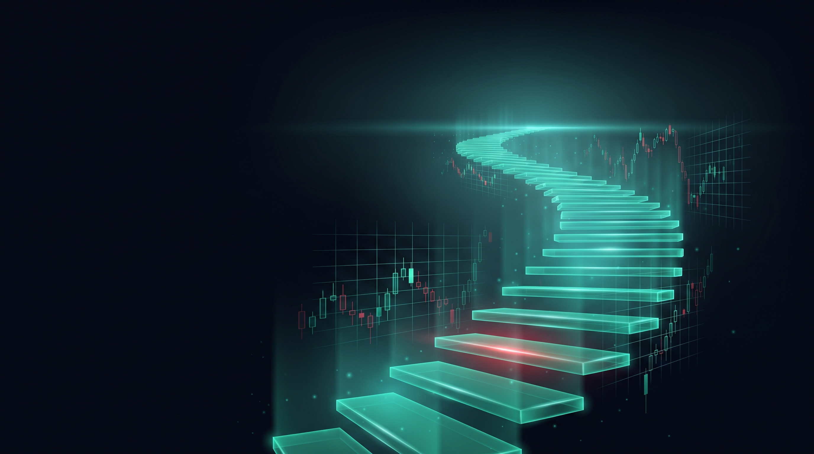 Conceptual render of a glowing teal staircase of light steps climbing toward a bright horizon, with the gaps between steps widening to suggest passing time