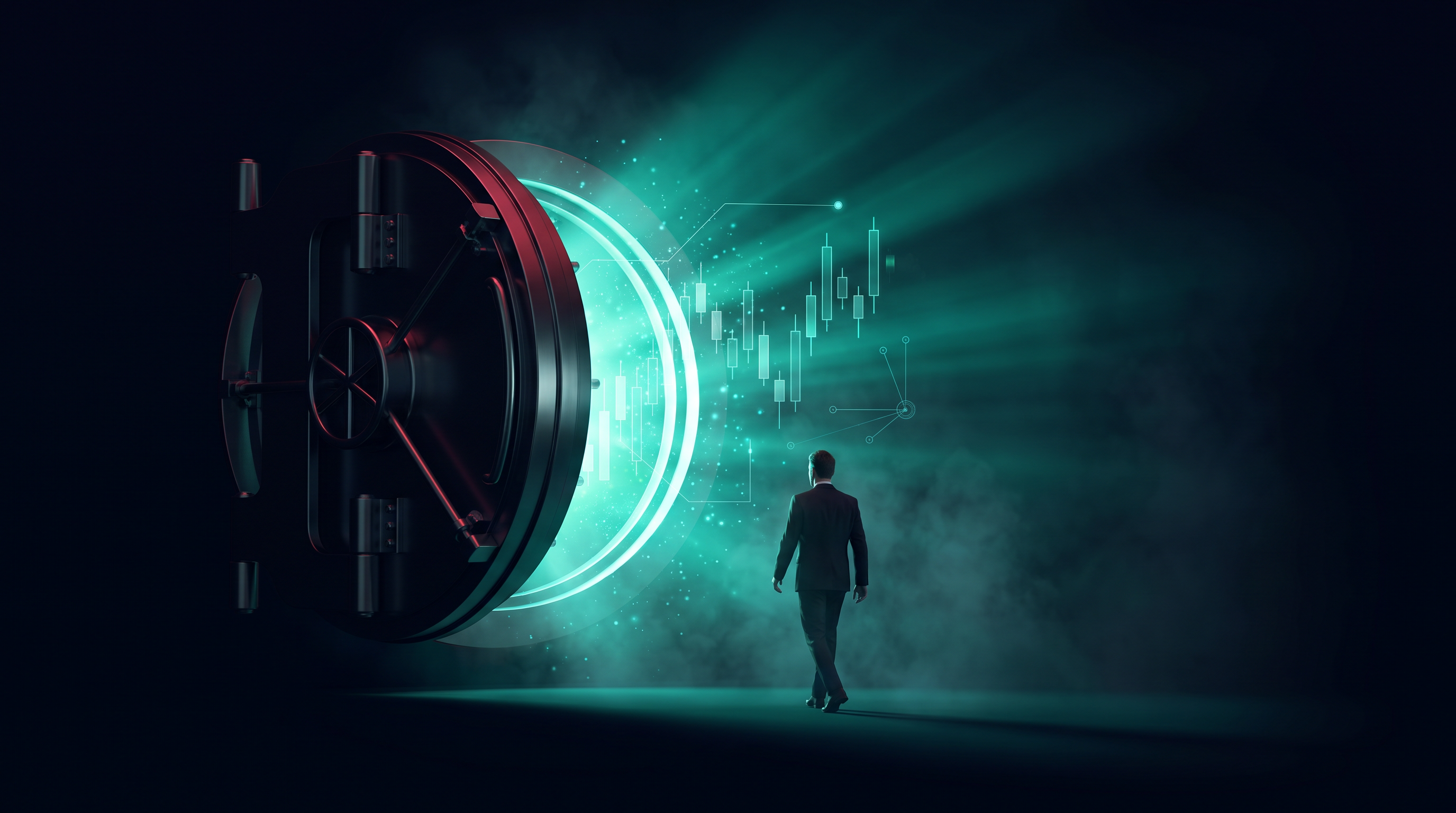 Conceptual render of a massive circular vault door opening and spilling teal light, with a lone suited figure seen from behind walking toward the opening