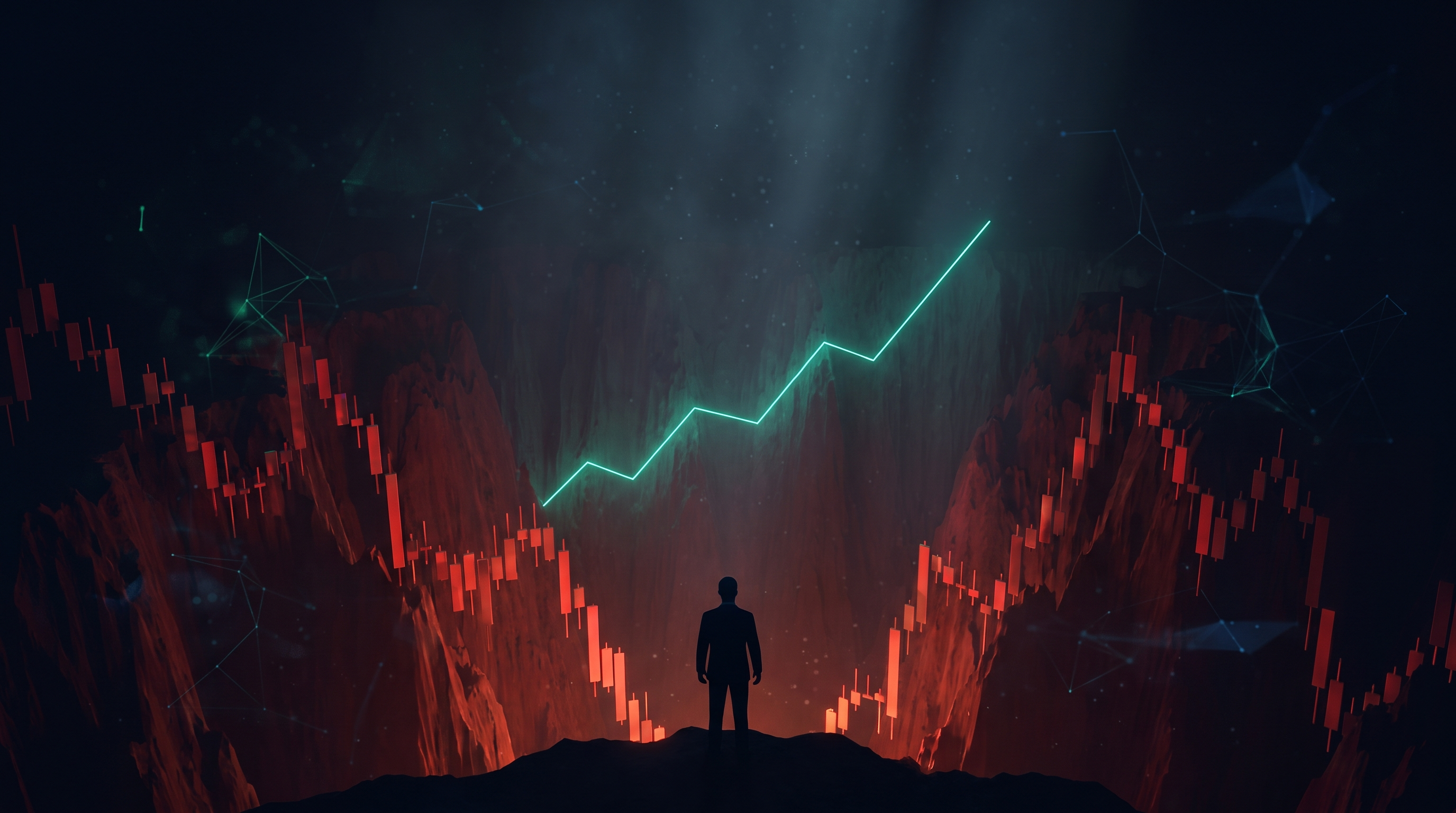 Conceptual render of a lone suited figure seen from behind at the rim of a canyon formed from descending crimson candlestick blocks, with a thin teal line of recovery tracing the far wall