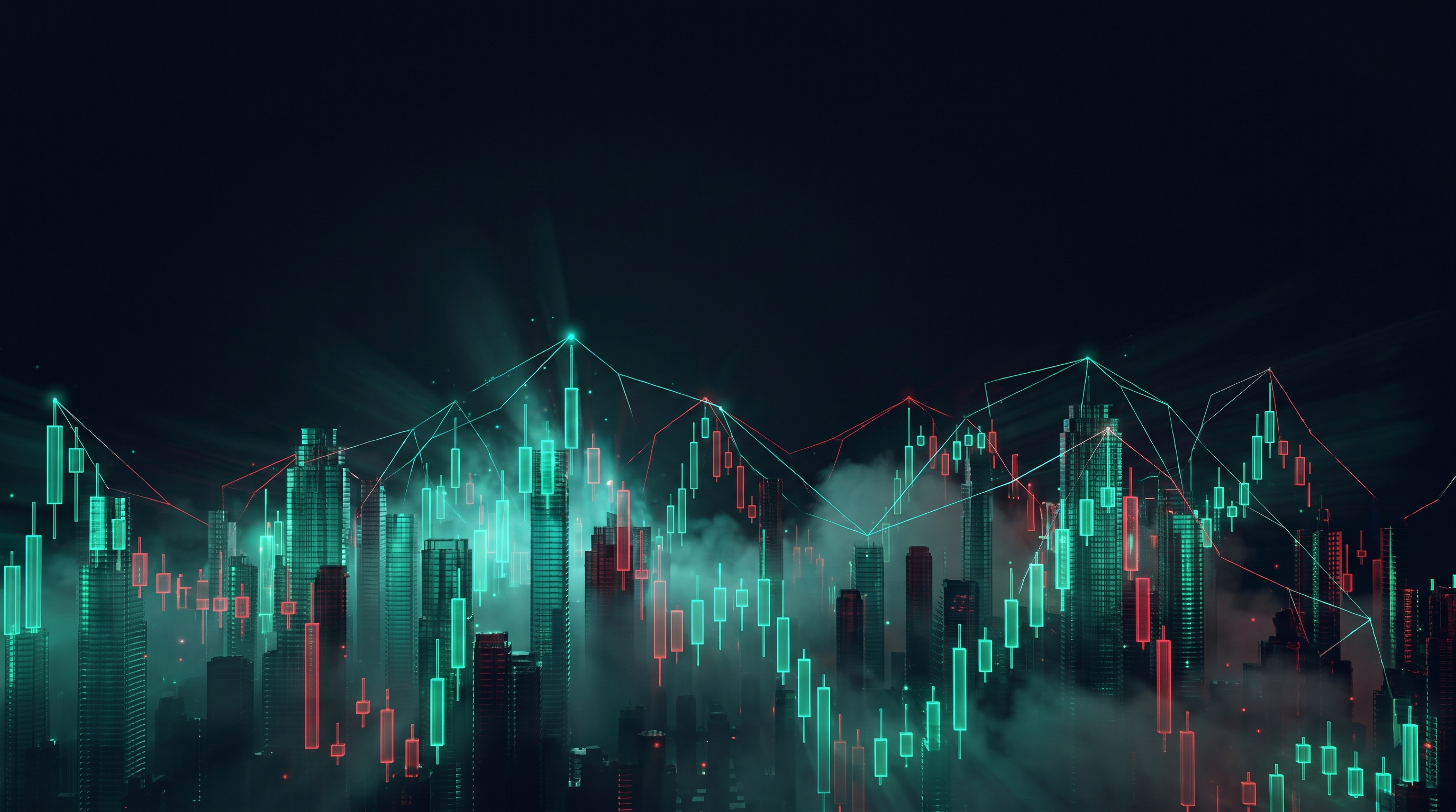 Conceptual render of a nocturnal skyline built from glowing teal and crimson candlestick towers linked by wireframe node lines, wrapped in volumetric fog