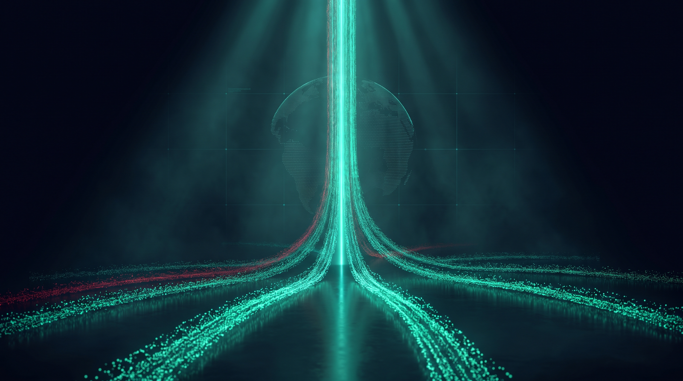 Conceptual render of six glowing teal rivers of particles flowing across a dark floor and converging into a single bright column of light, representing currencies merging into one index