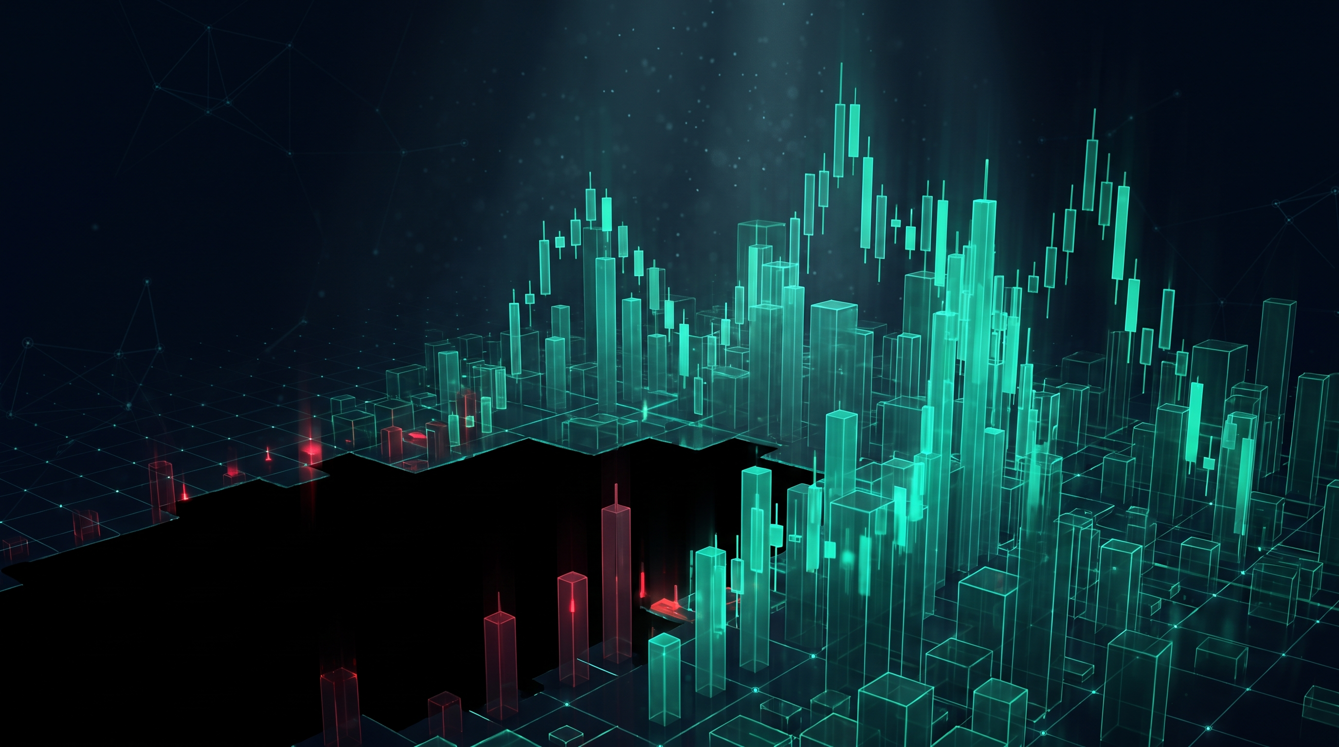 Conceptual render of a nocturnal skyline built from glowing teal candlestick towers with one entire district gone dark, representing a crypto exchange outage