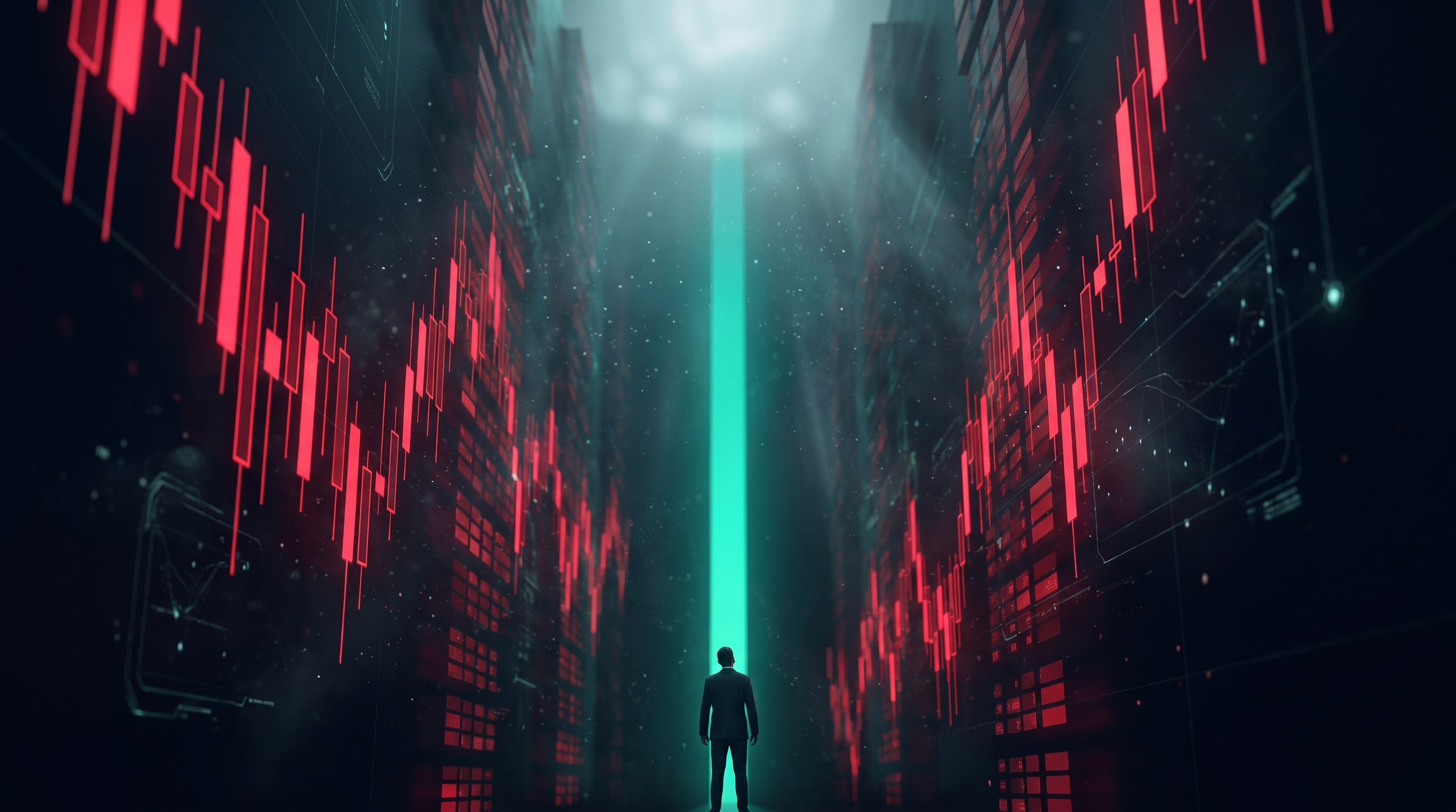 Conceptual render of a narrow canyon formed by densely packed crimson candlestick walls with a thin teal line of light surging upward through the gap and a small figure looking up from below
