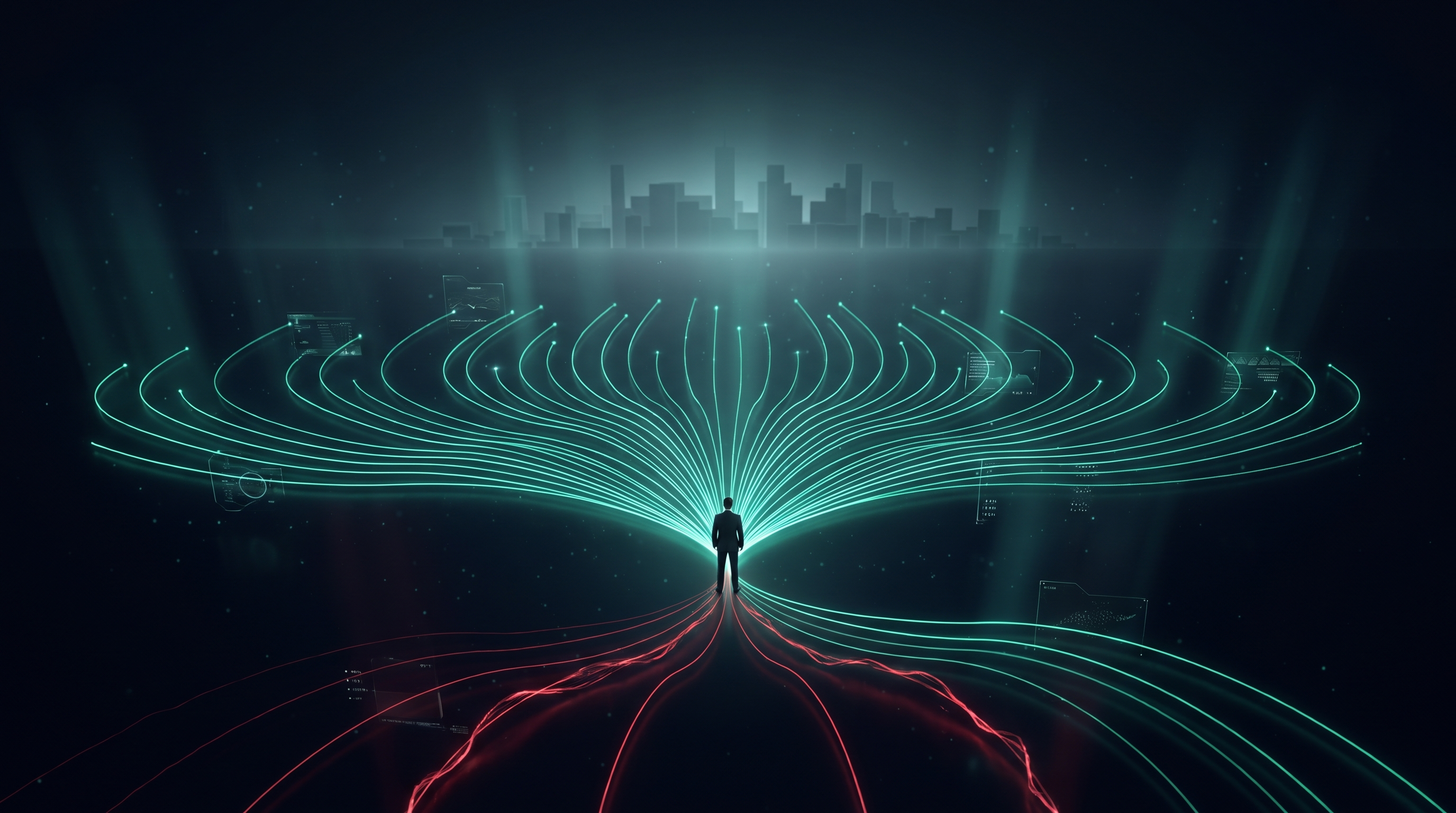 Conceptual render of a lone figure standing where dozens of glowing teal paths fan out and diverge into the distance, with a few branching downward in red