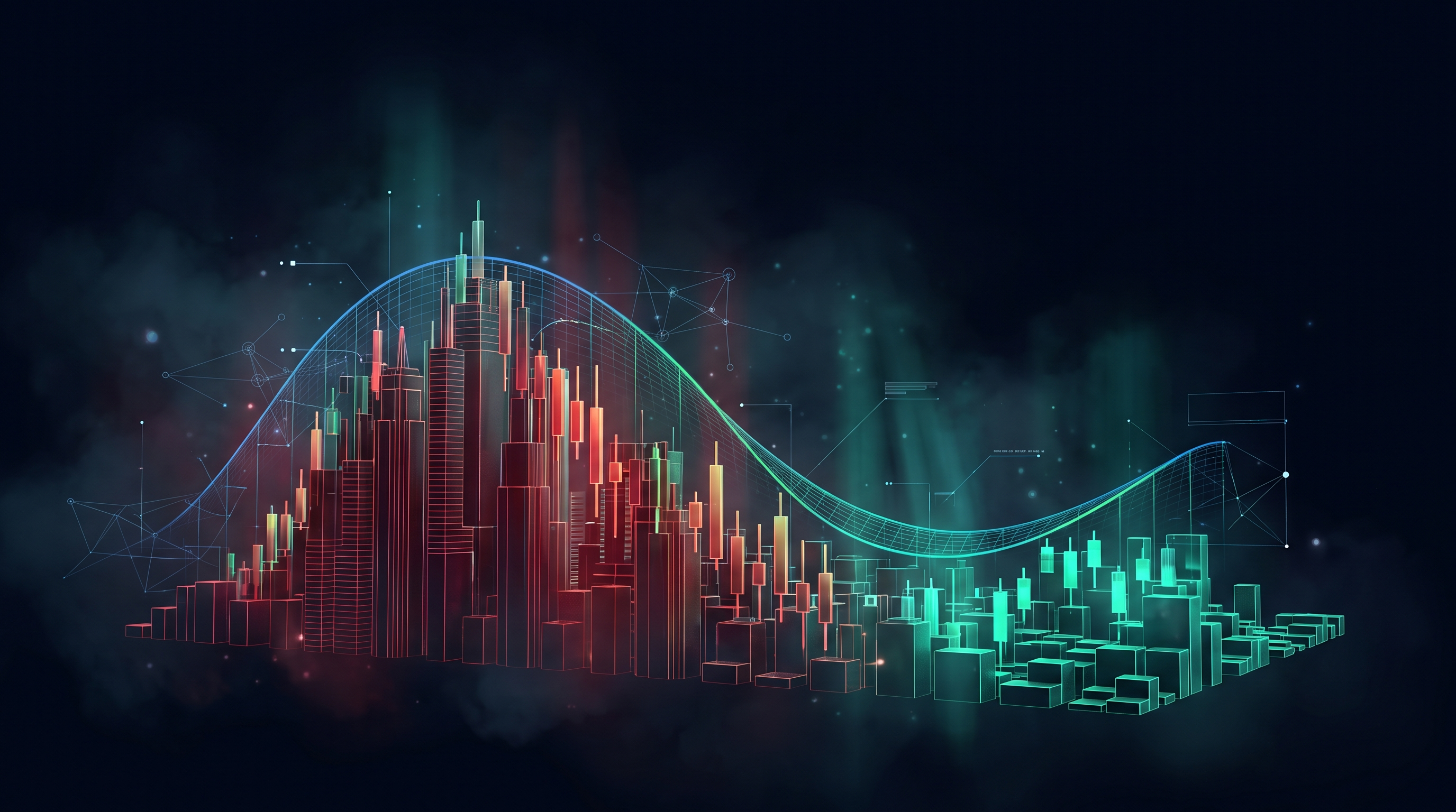 Conceptual render of a nocturnal skyline of candlestick towers sloping steeply down from tall red columns on the left to short emerald ones on the right, tracing an asymmetric curve