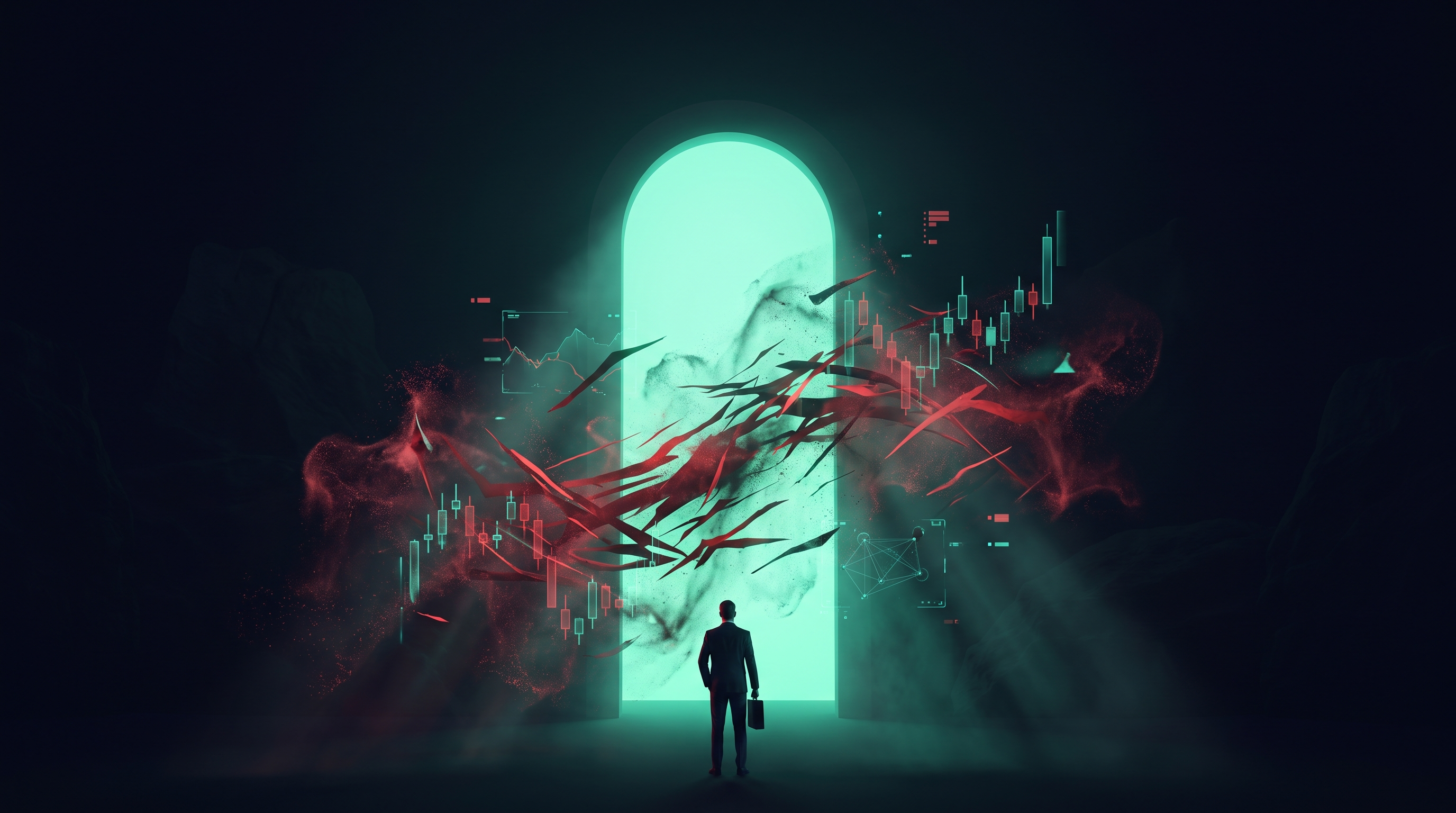Conceptual render of a lone figure in a suit facing a towering emerald archway of light across a dark space filled with turbulent swirling particles and jagged red streaks of interference