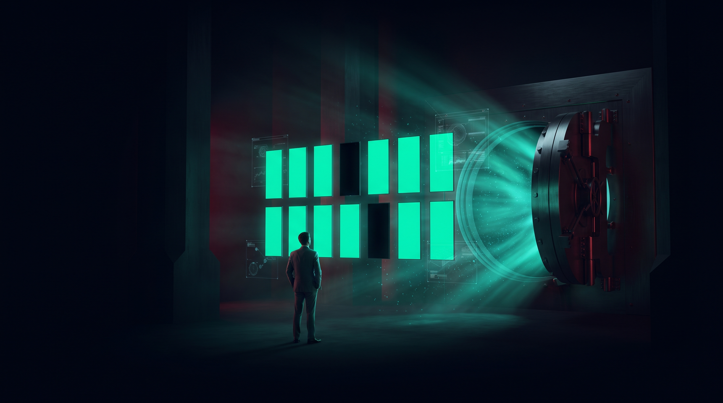 Conceptual render of a lone figure in a suit standing before a partly open circular vault door spilling emerald light, with a suspended grid of glowing panels between them and two panels darkened