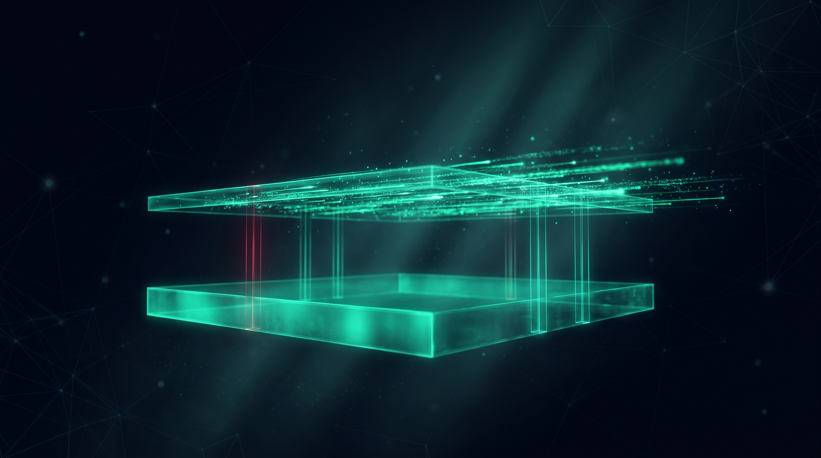 Conceptual render of two stacked planes of emerald light in a dark void, a dense structural foundation slab below and a fast stream of particles rushing across a lighter plane above, joined by thin vertical light bridges