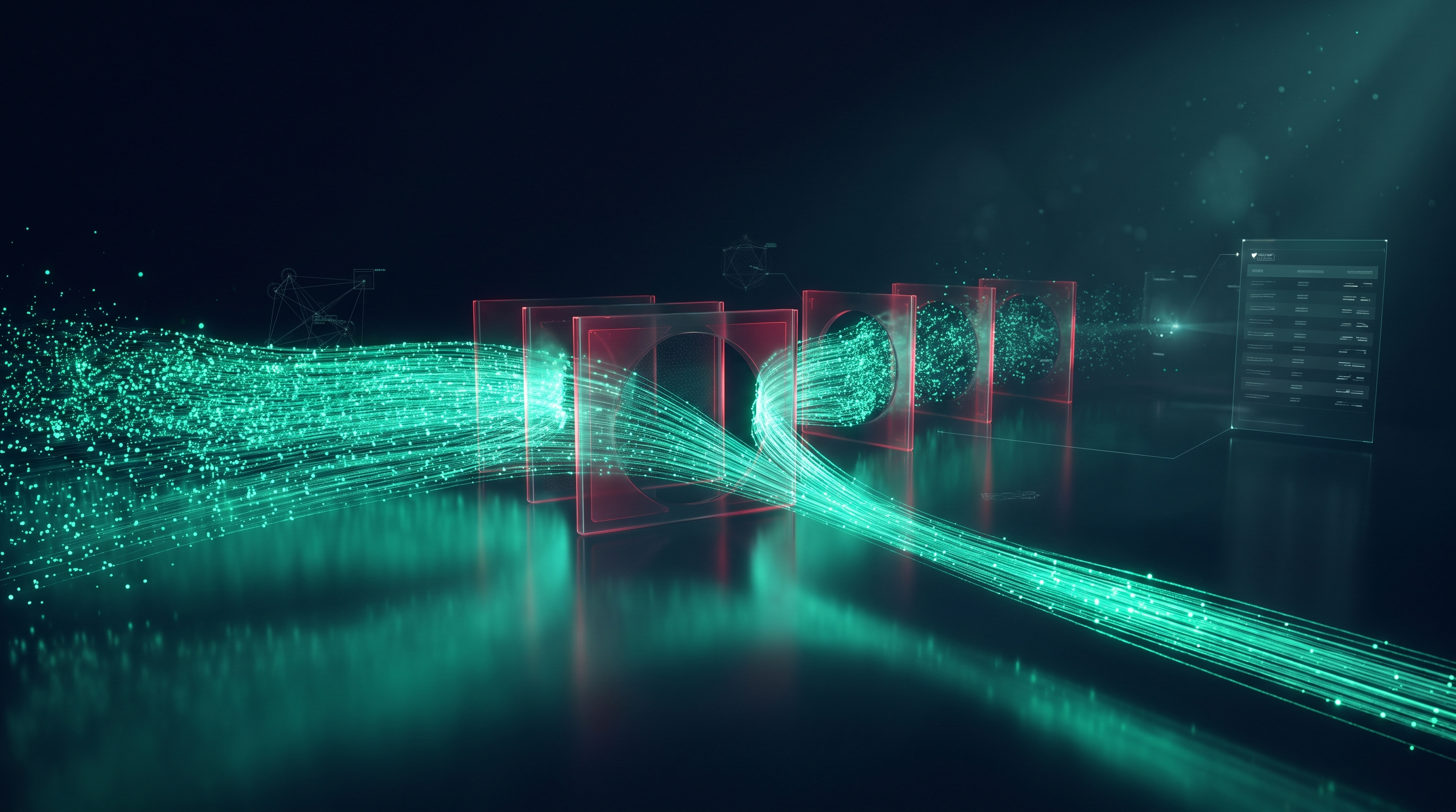 Conceptual render of a wide river of glowing emerald particles flowing across a dark reflective floor and narrowing as it passes through a series of translucent gates, emerging as a slimmer stream on the near side
