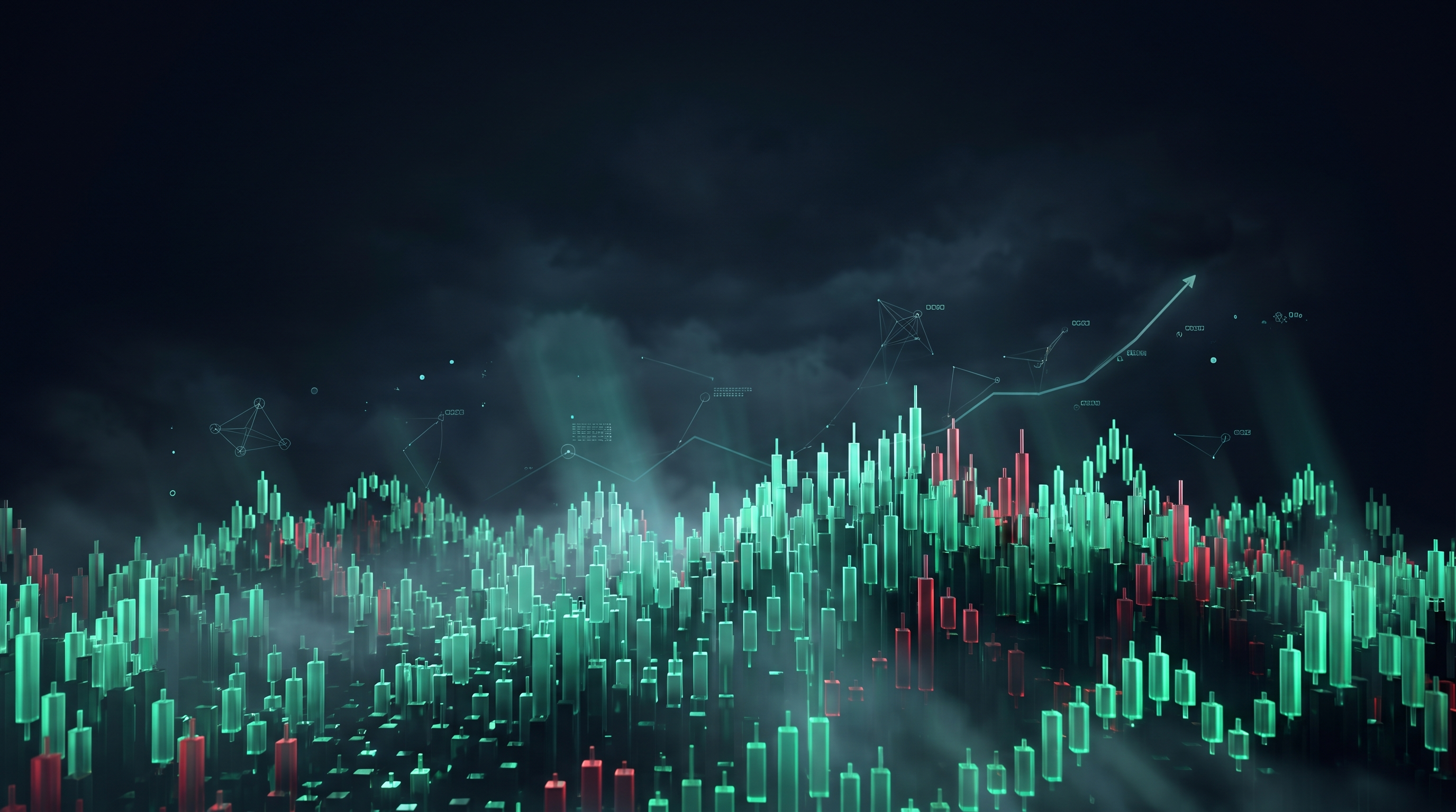 Conceptual render of a vast nocturnal skyline built from thousands of small glowing emerald candlestick towers with a few red towers among them, volumetric fog drifting between them under a dark navy sky