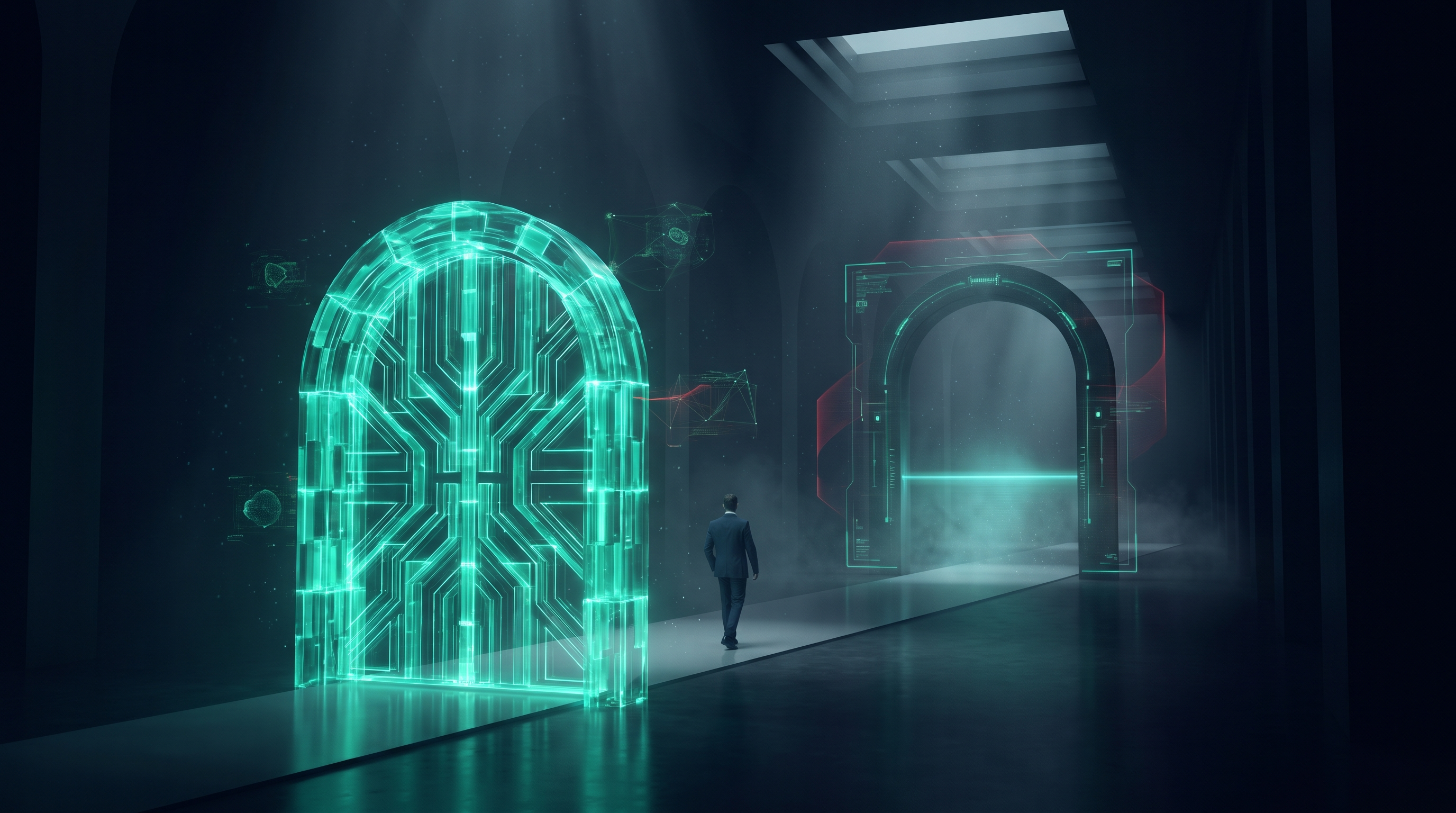 Conceptual render of a lone figure in a suit seen from behind in a dark cavernous hall, facing a solid glowing emerald turnstile gate in the foreground and a second open archway further back crossed only by a soft scanning plane of teal light