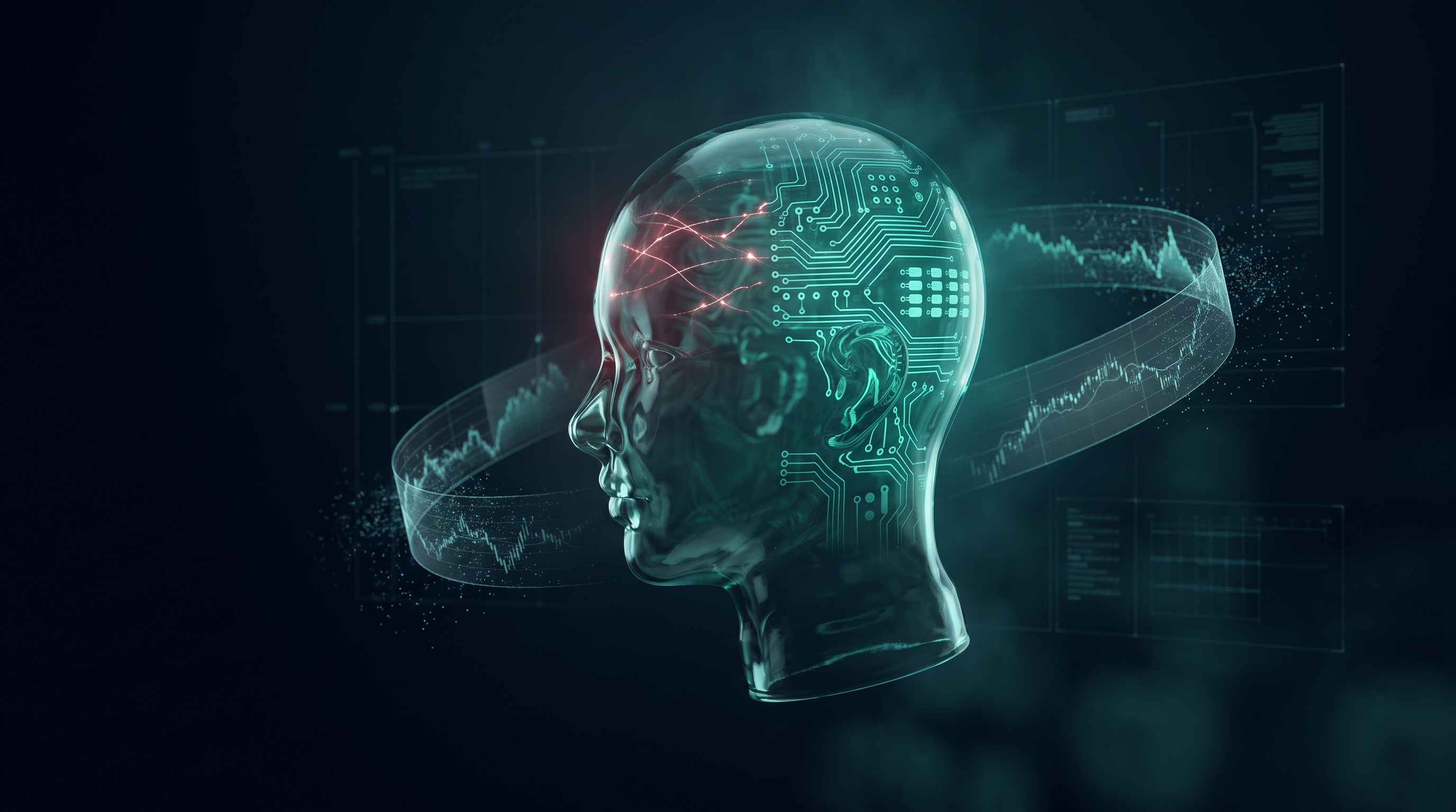 Conceptual render of a translucent glass head in profile, emerald circuit traces filling the rear of the skull and faint crimson sparks arcing backward across the front