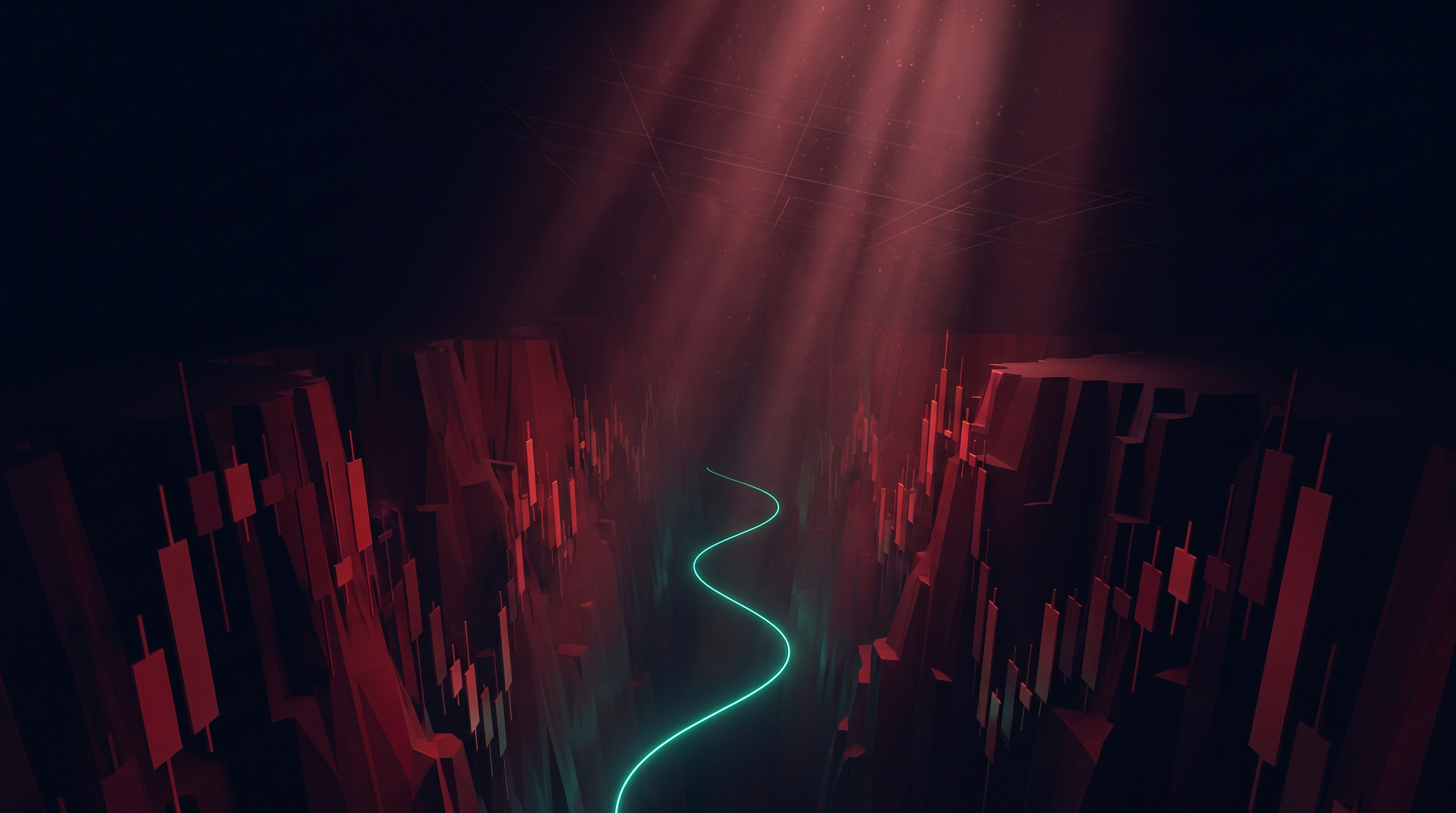 Conceptual render looking down into a canyon walled with descending red candlestick bars, a single thin emerald line of light tracing a recovery path along the floor